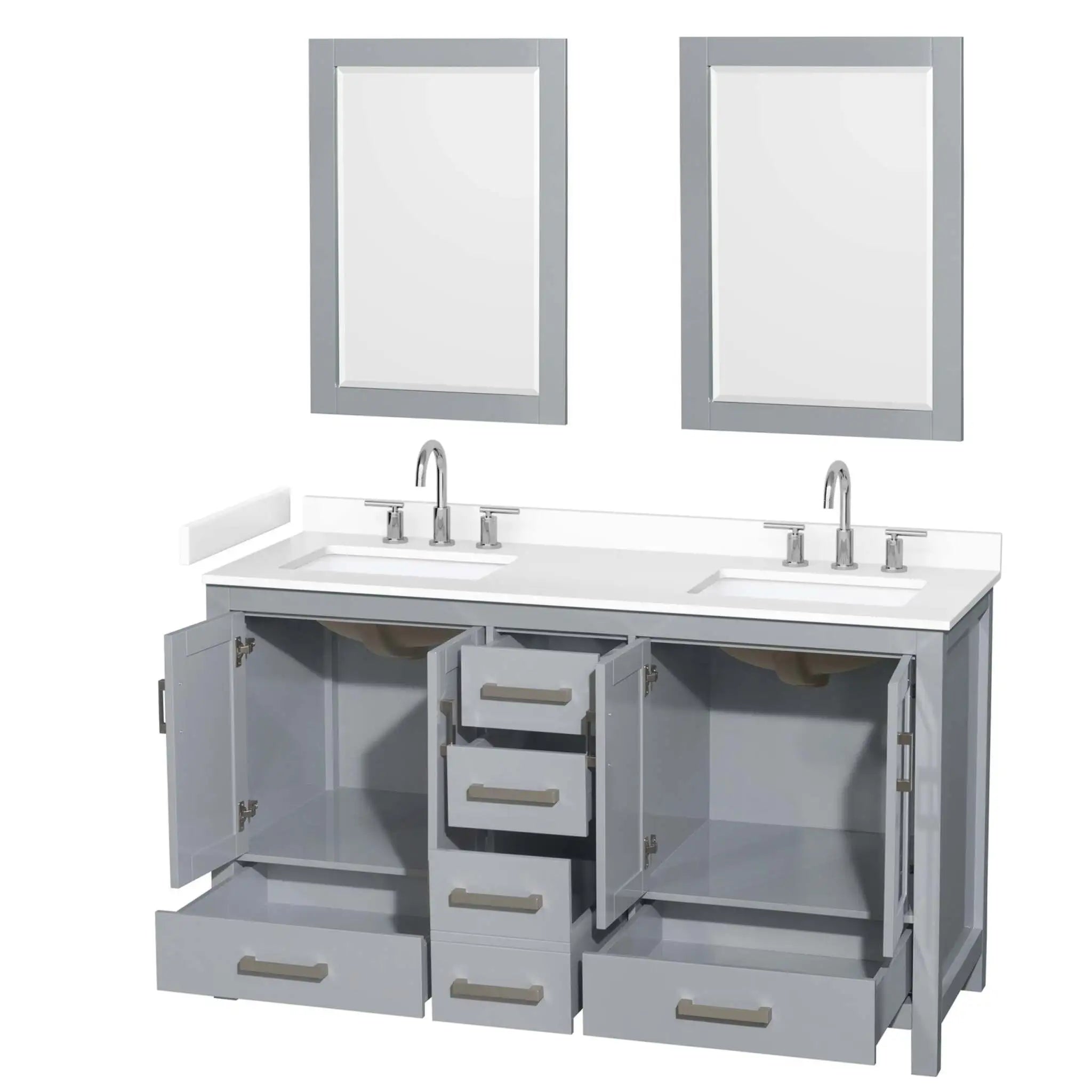 60" Sheffield Double Bathroom Vanity in Gray with Brushed Chrome Trim & 24" Mirror by Wyndham