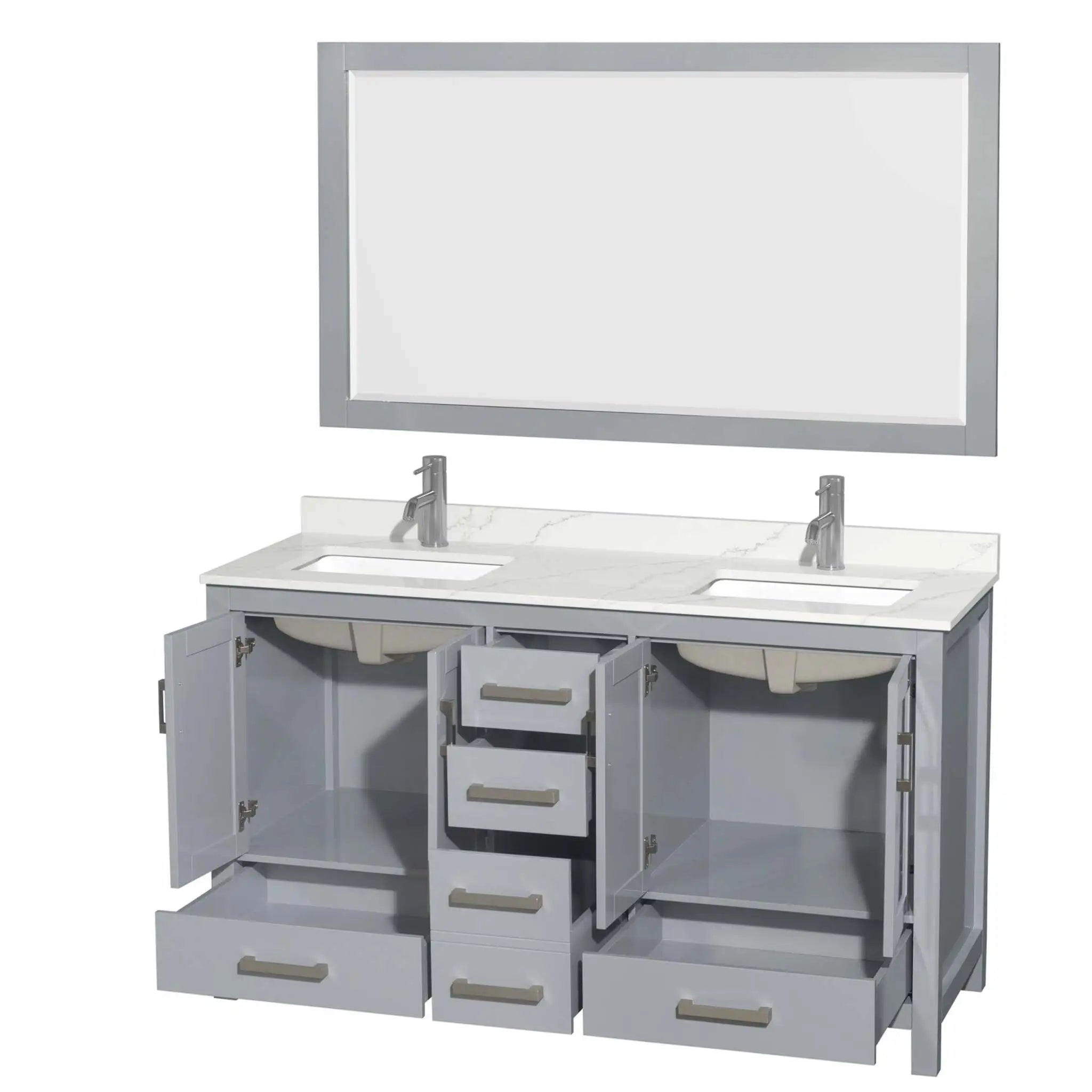 60" Sheffield Double Bathroom Vanity in Gray with Brushed Chrome Trim & 58" Mirror by Wyndham
