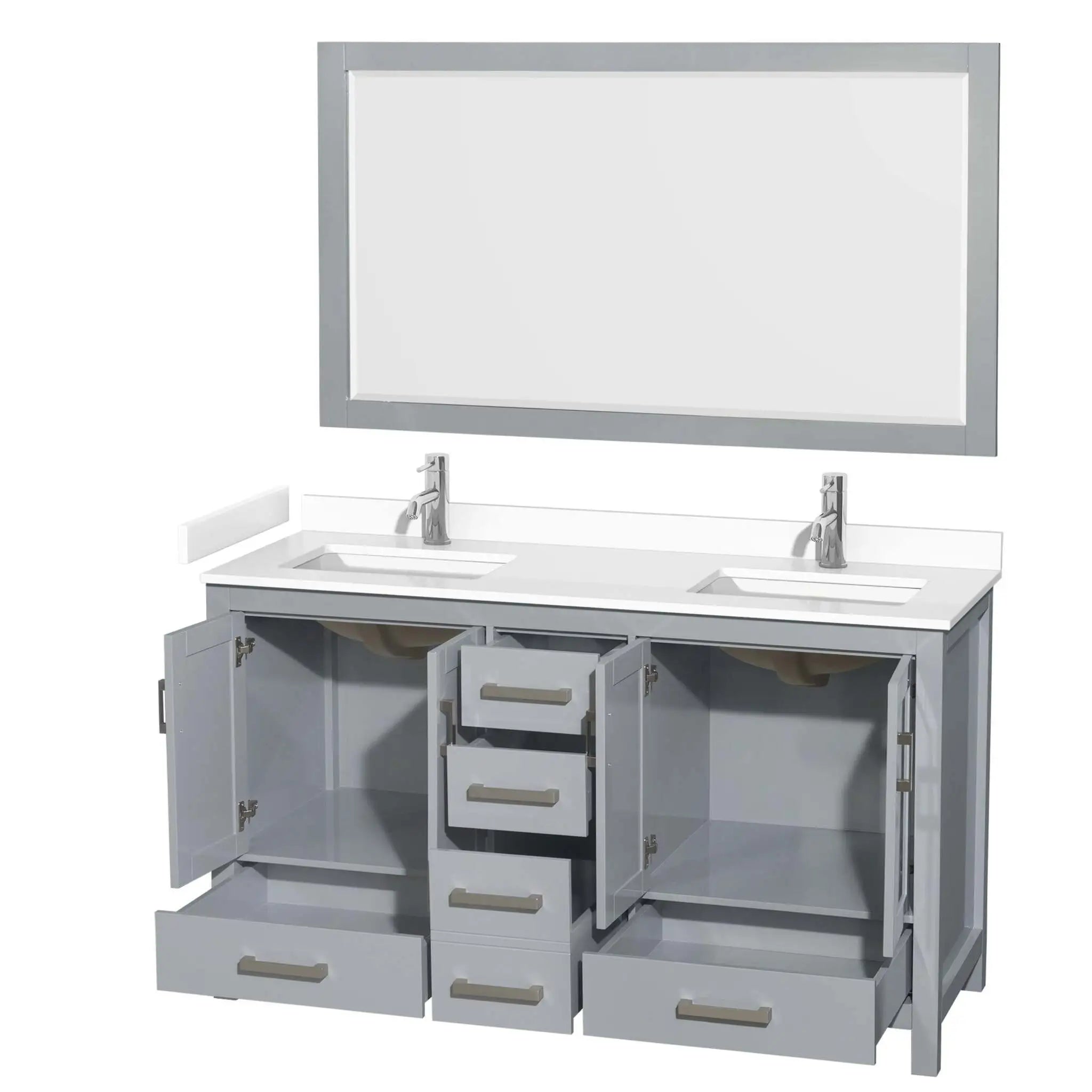 60" Sheffield Double Bathroom Vanity in Gray with Brushed Chrome Trim & 58" Mirror by Wyndham