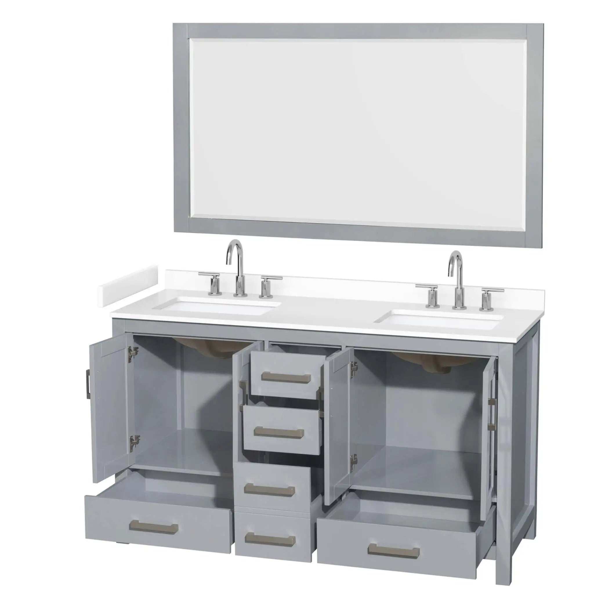 60" Sheffield Double Bathroom Vanity in Gray with Brushed Chrome Trim & 58" Mirror by Wyndham