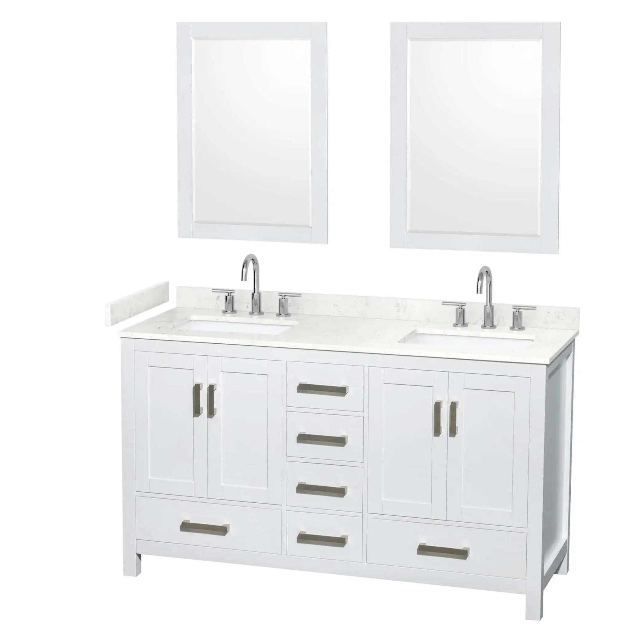 60" Sheffield Double Bathroom Vanity in White with Brushed Chrome Trim & 24" Mirror by Wyndham