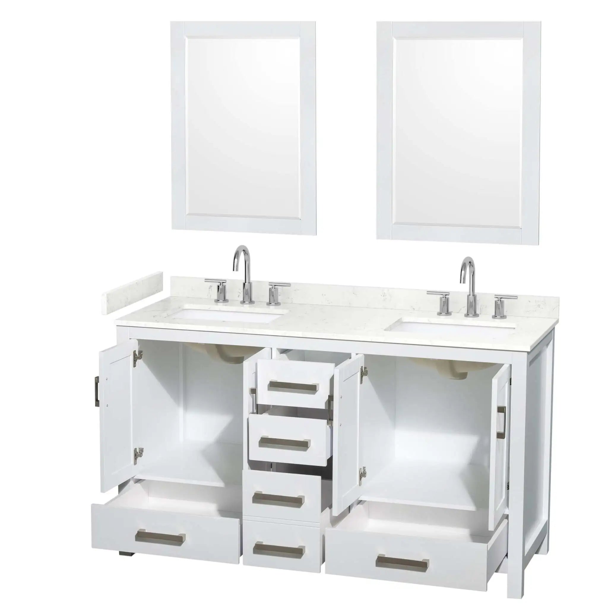 60" Sheffield Double Bathroom Vanity in White with Brushed Chrome Trim & 24" Mirror by Wyndham