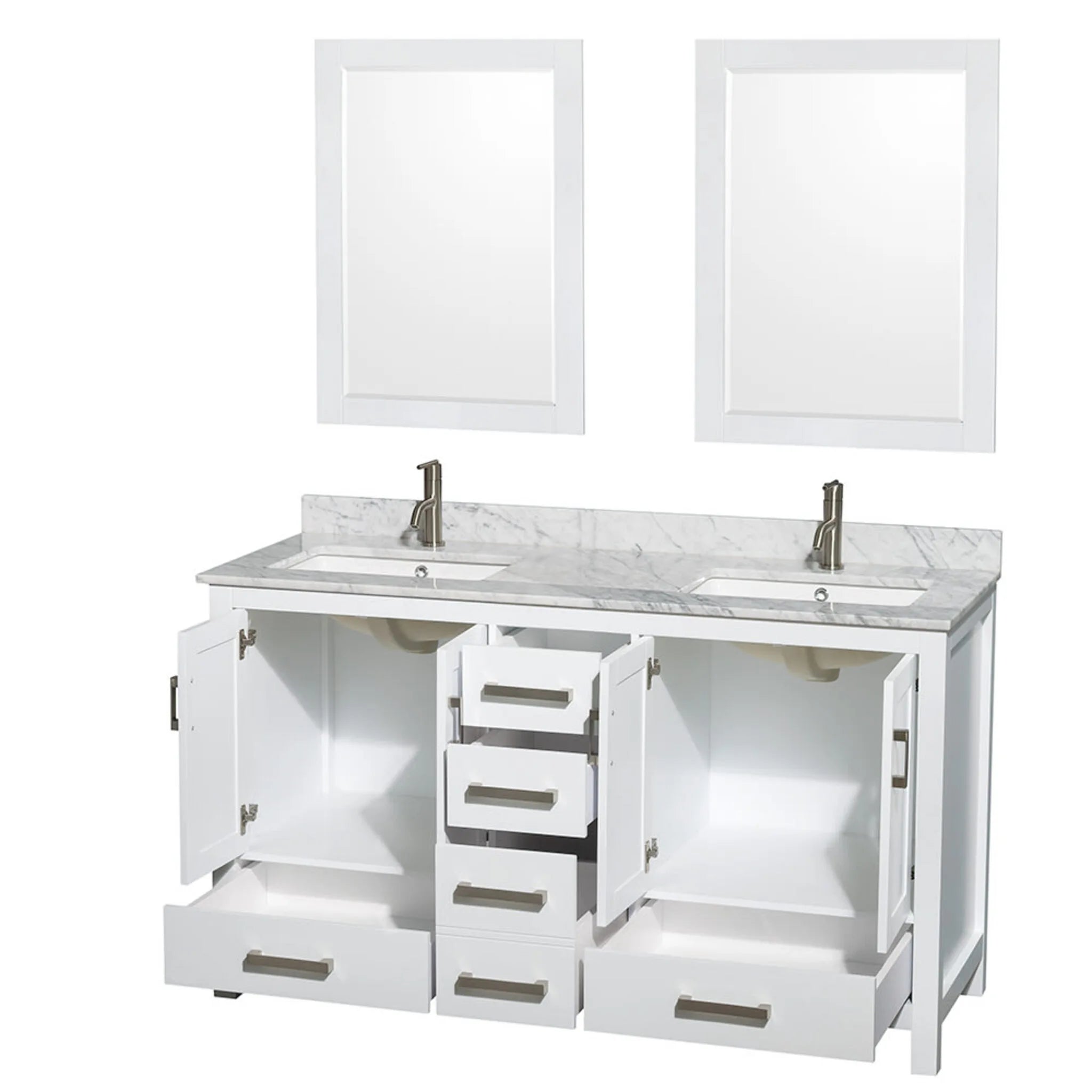 60" Sheffield Double Bathroom Vanity in White with Brushed Chrome Trim & 24" Mirror by Wyndham