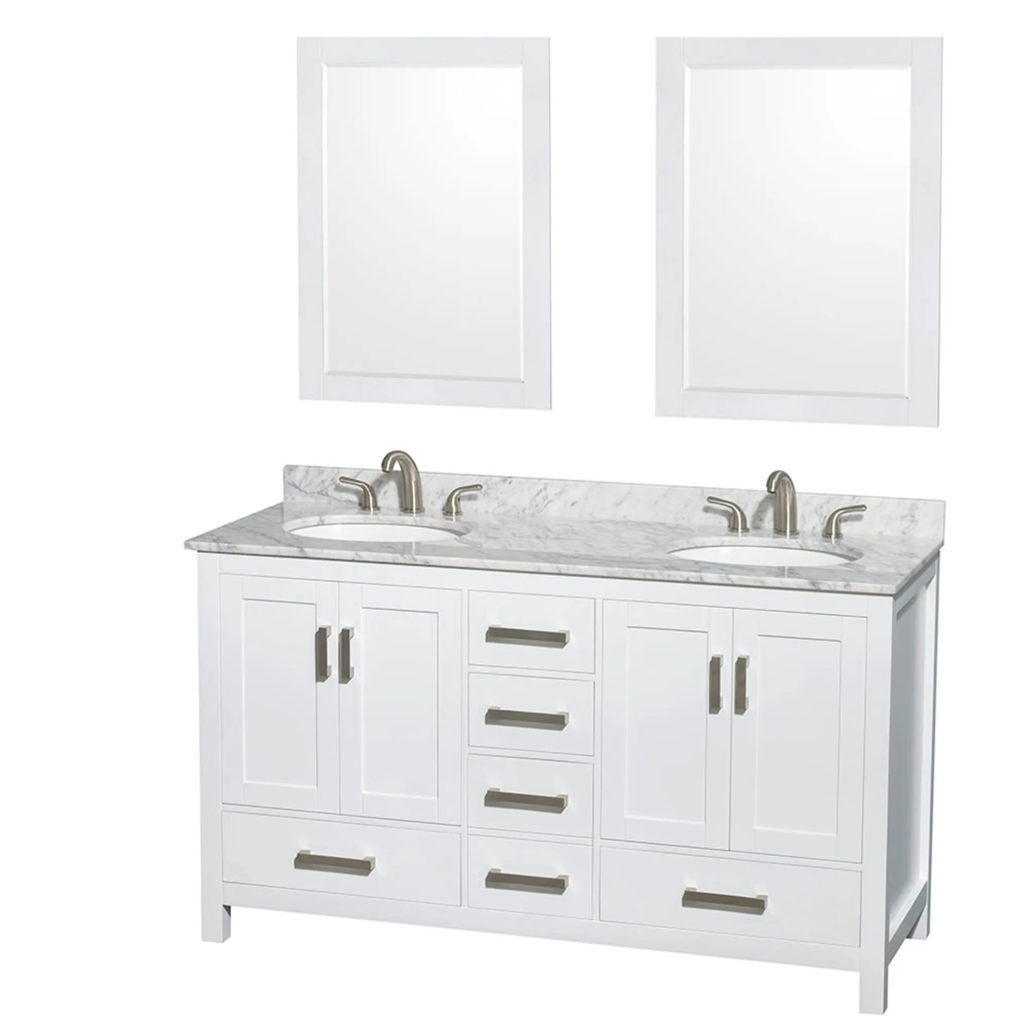 60" Sheffield Double Bathroom Vanity in White with Brushed Chrome Trim & 24" Mirror by Wyndham