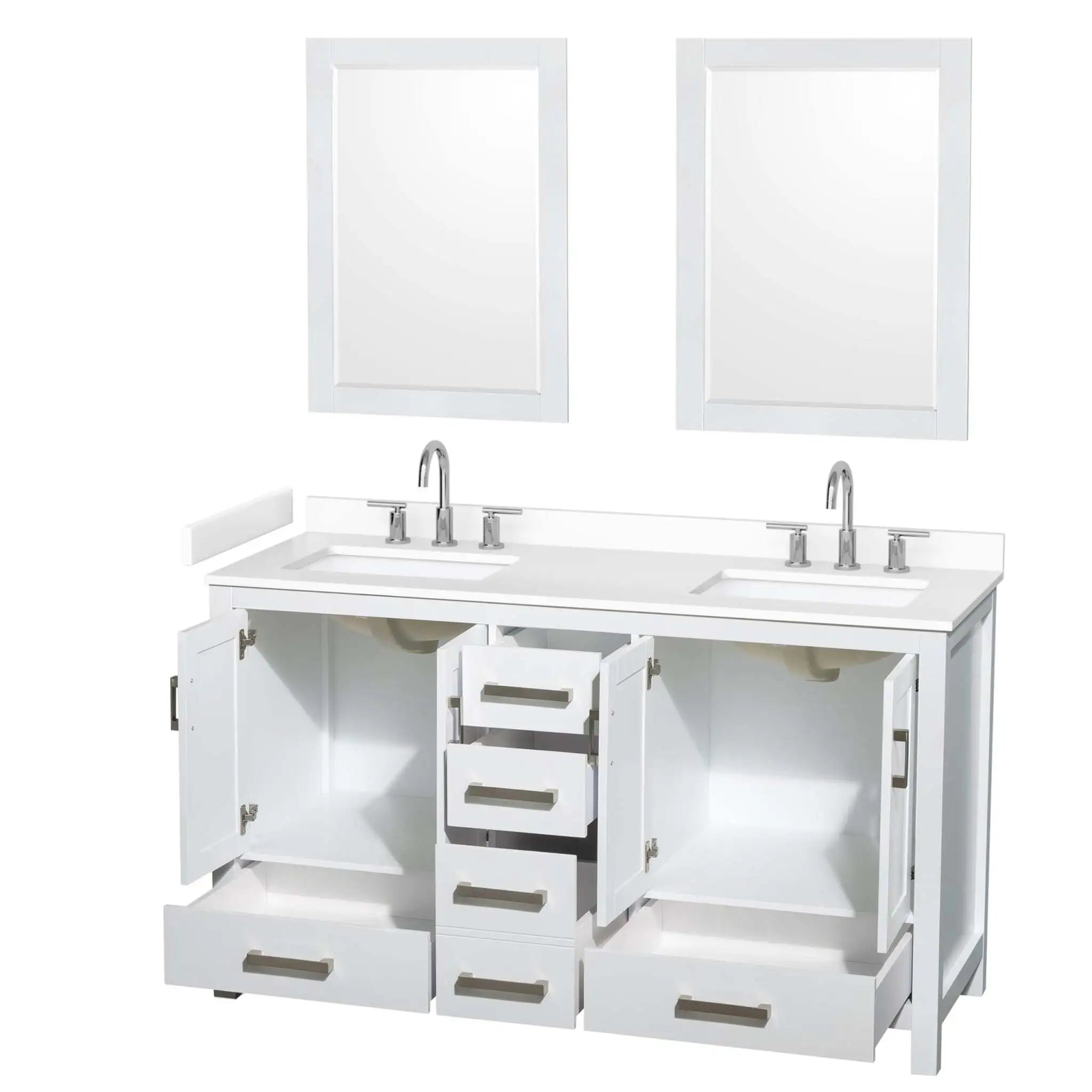60" Sheffield Double Bathroom Vanity in White with Brushed Chrome Trim & 24" Mirror by Wyndham