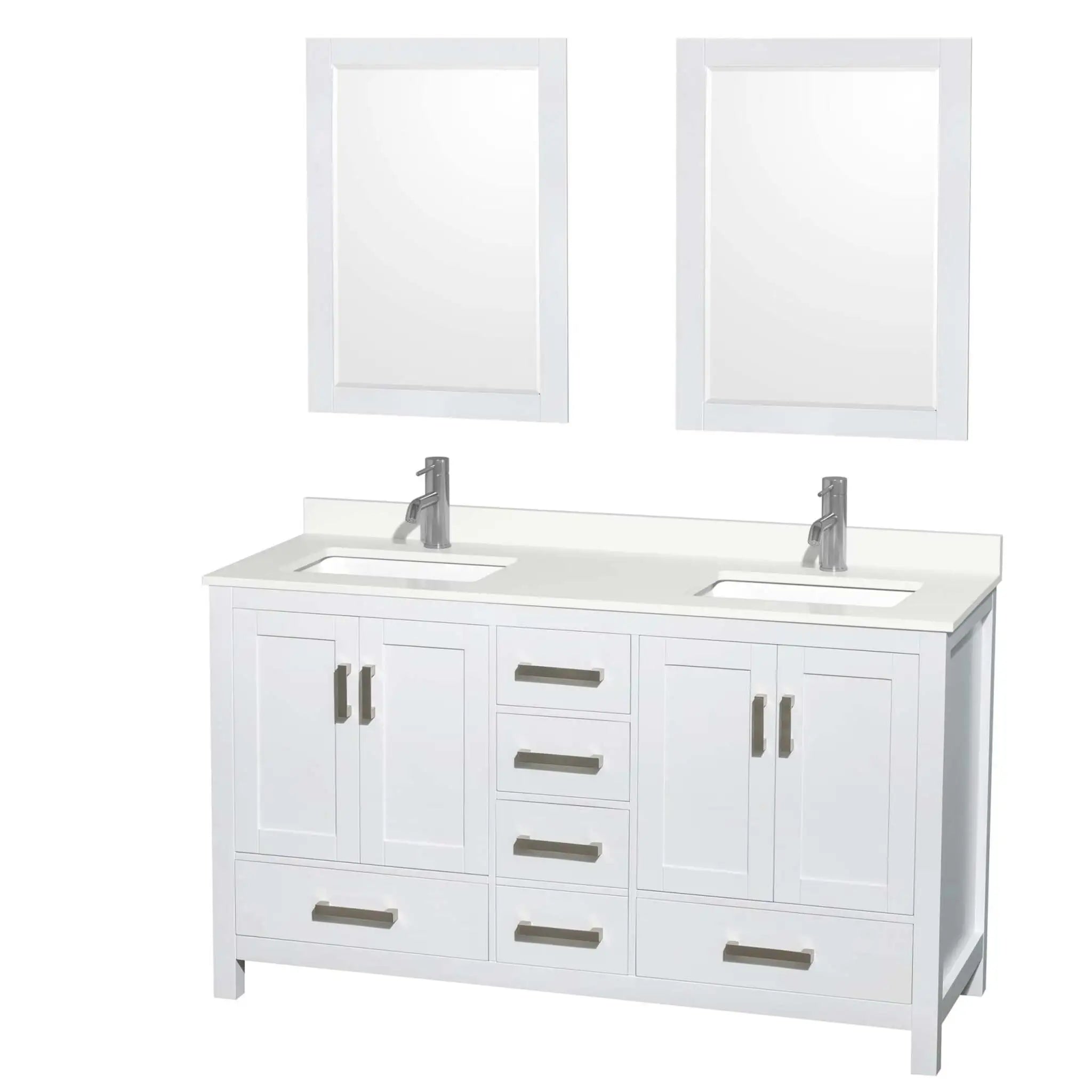 60" Sheffield Double Bathroom Vanity in White with Brushed Chrome Trim & 24" Mirror by Wyndham