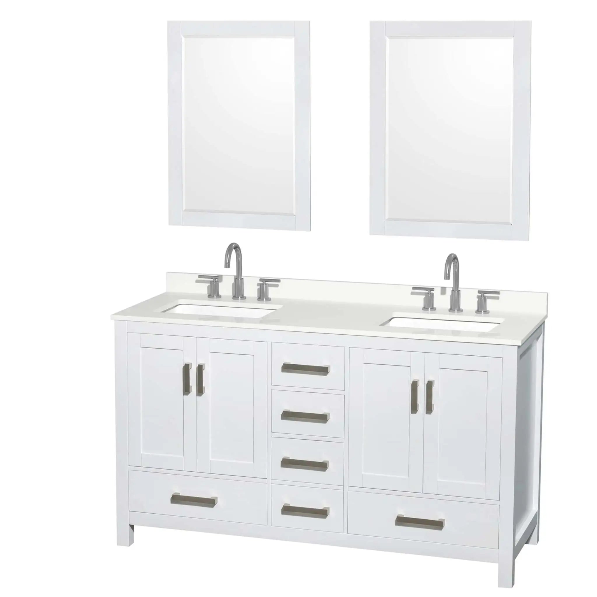 60" Sheffield Double Bathroom Vanity in White with Brushed Chrome Trim & 24" Mirror by Wyndham
