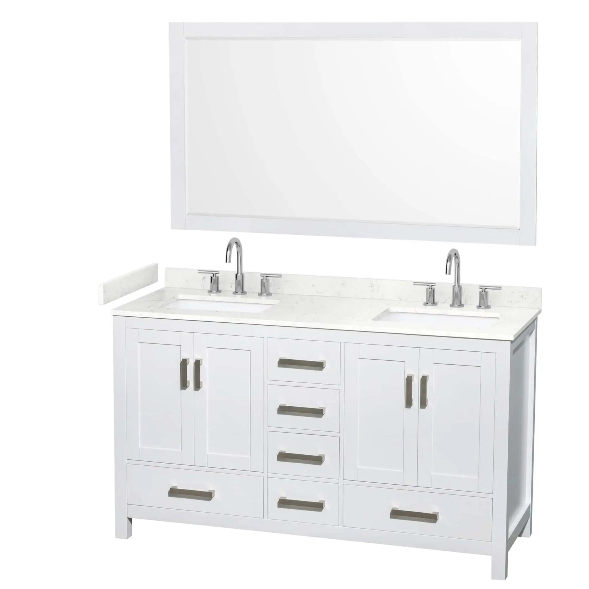 60" Sheffield Double Bathroom Vanity in White with Brushed Chrome Trim & 58" Mirror by Wyndham