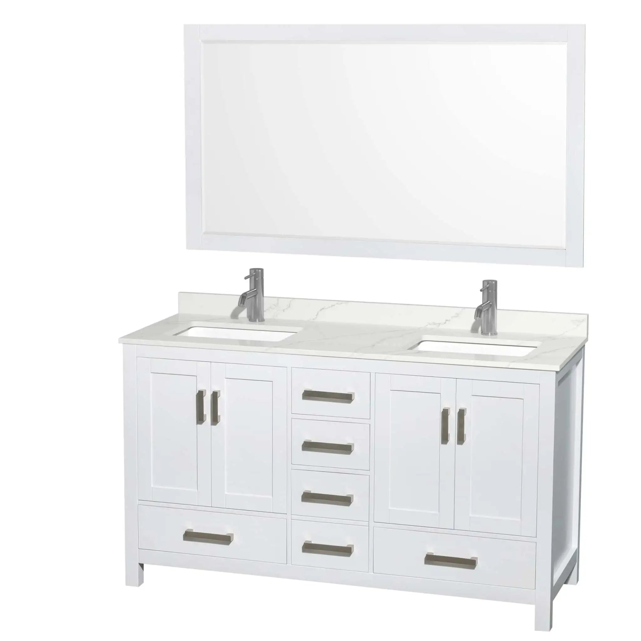 60" Sheffield Double Bathroom Vanity in White with Brushed Chrome Trim & 58" Mirror by Wyndham