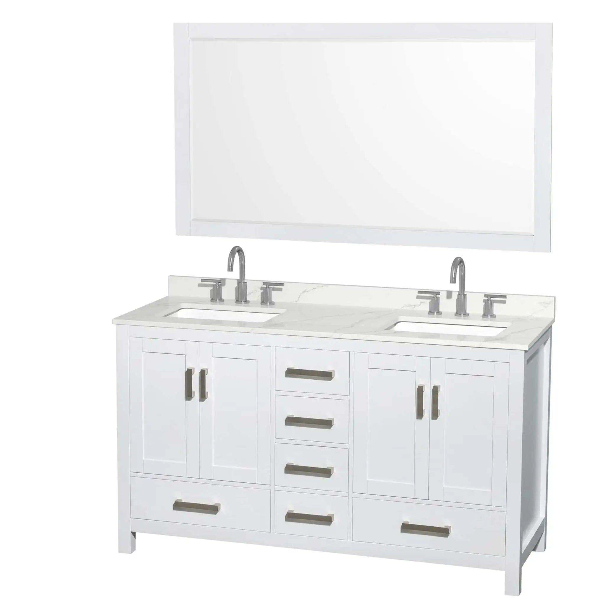 60" Sheffield Double Bathroom Vanity in White with Brushed Chrome Trim & 58" Mirror by Wyndham