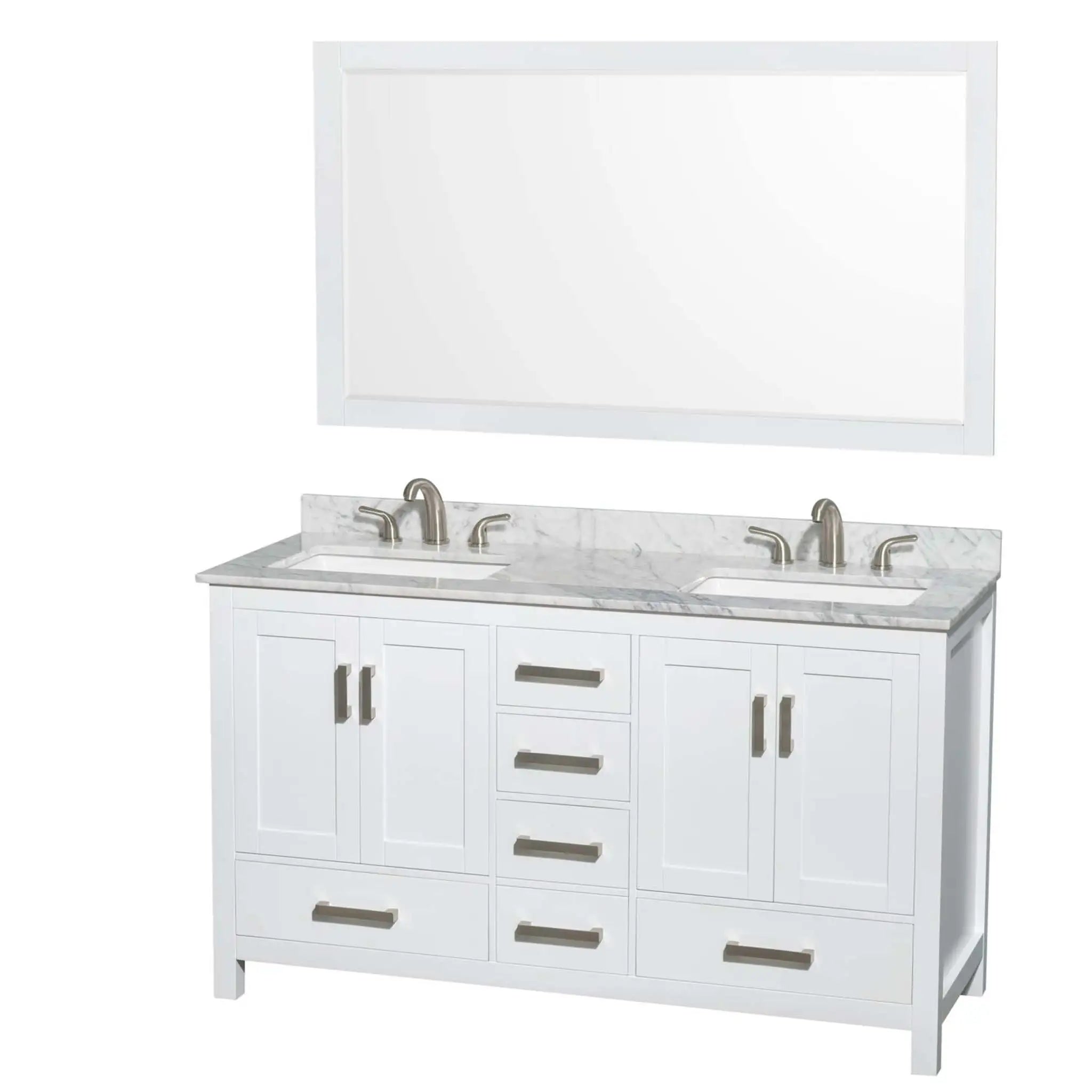 60" Sheffield Double Bathroom Vanity in White with Brushed Chrome Trim & 58" Mirror by Wyndham
