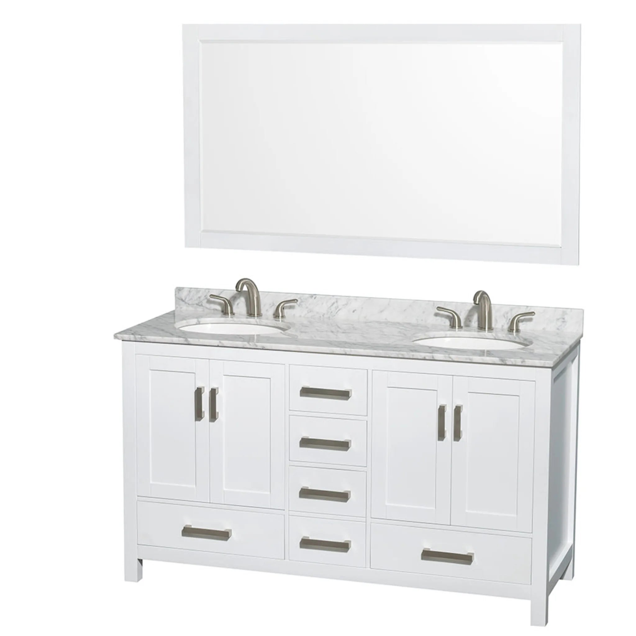 60" Sheffield Double Bathroom Vanity in White with Brushed Chrome Trim & 58" Mirror by Wyndham