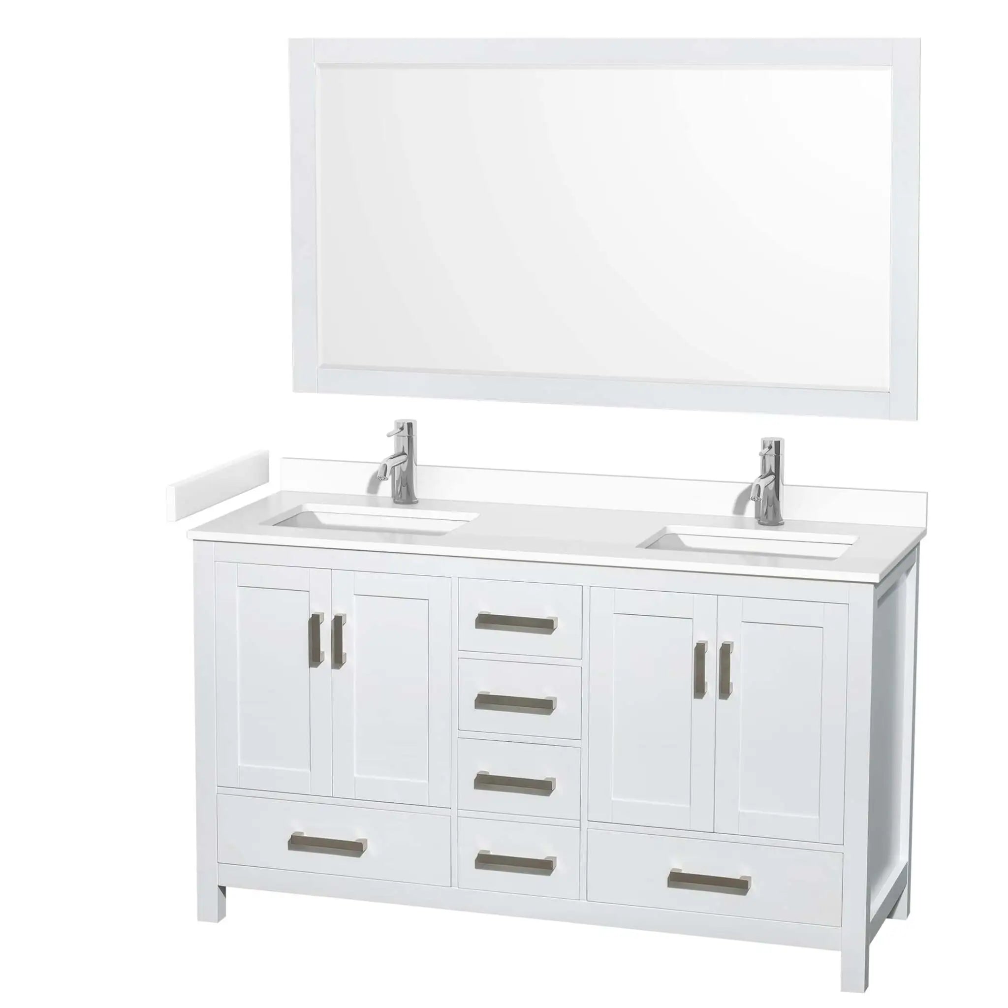 60" Sheffield Double Bathroom Vanity in White with Brushed Chrome Trim & 58" Mirror by Wyndham