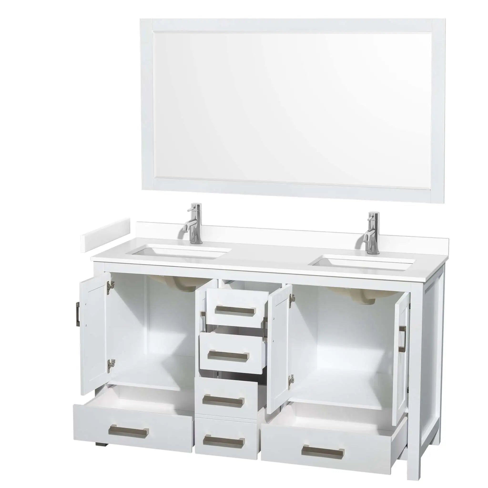 60" Sheffield Double Bathroom Vanity in White with Brushed Chrome Trim & 58" Mirror by Wyndham