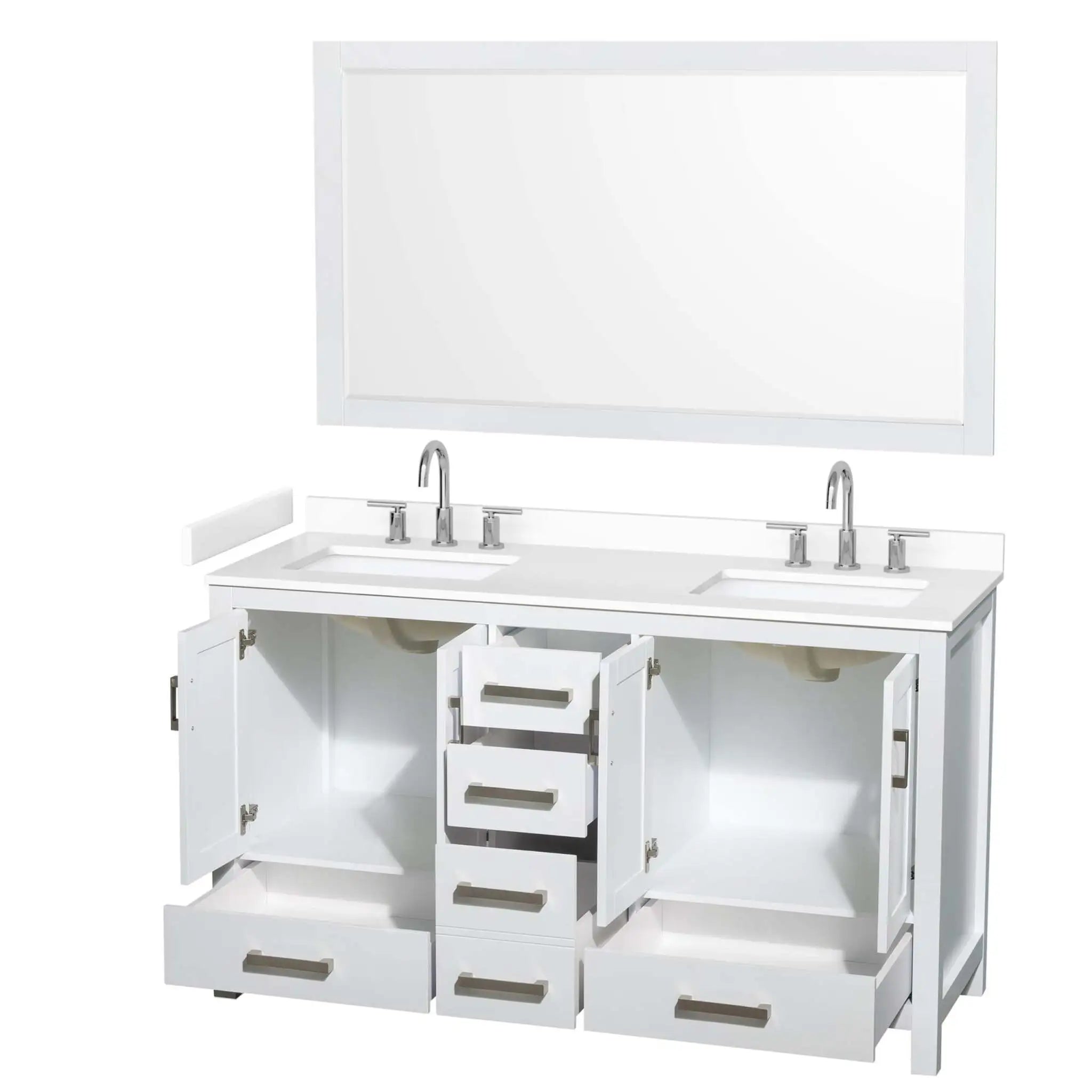 60" Sheffield Double Bathroom Vanity in White with Brushed Chrome Trim & 58" Mirror by Wyndham