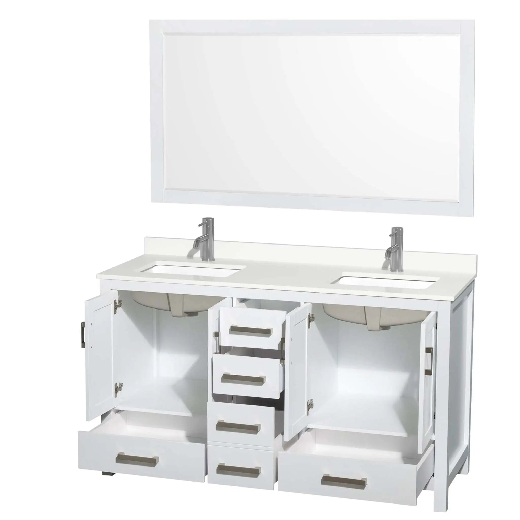 60" Sheffield Double Bathroom Vanity in White with Brushed Chrome Trim & 58" Mirror by Wyndham