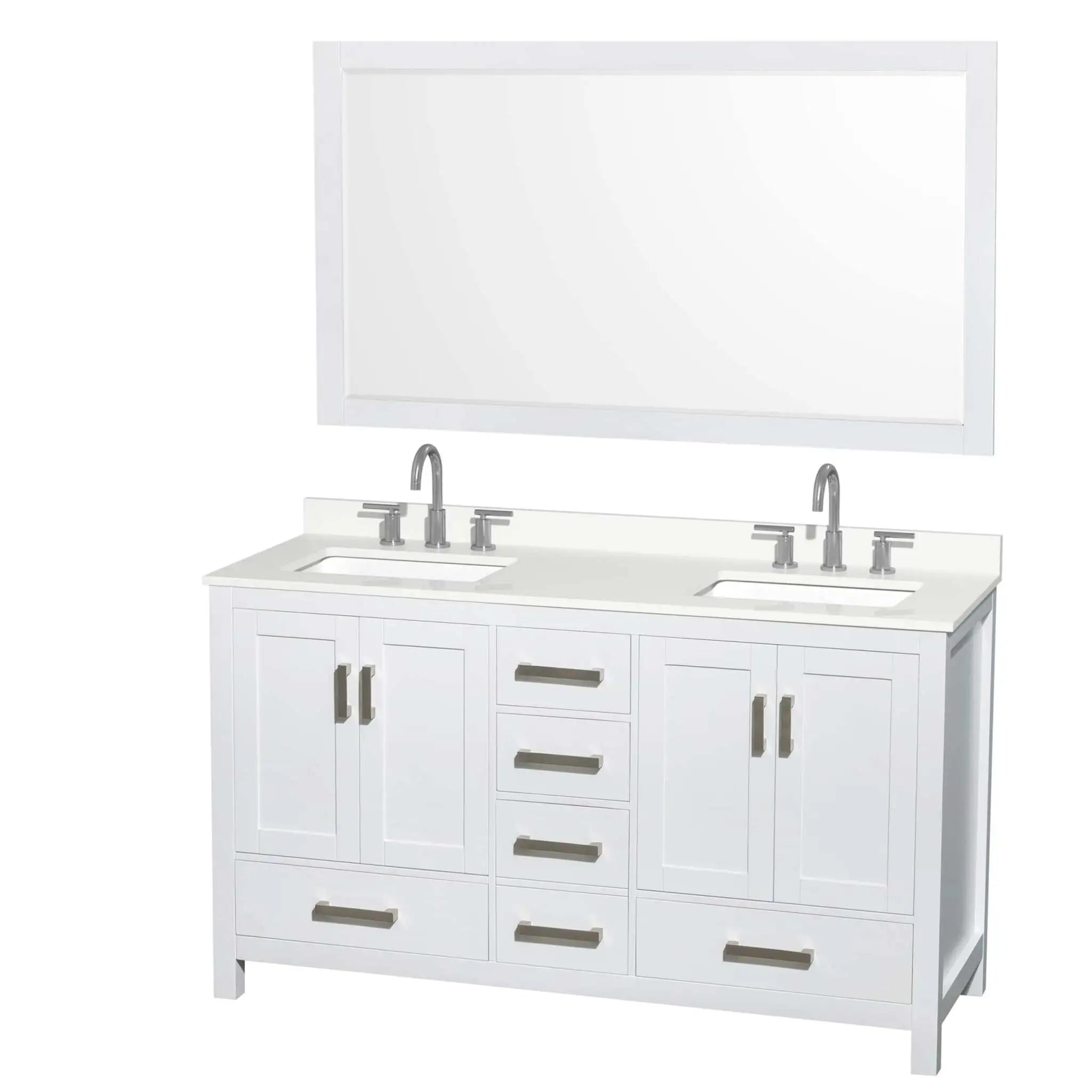 60" Sheffield Double Bathroom Vanity in White with Brushed Chrome Trim & 58" Mirror by Wyndham