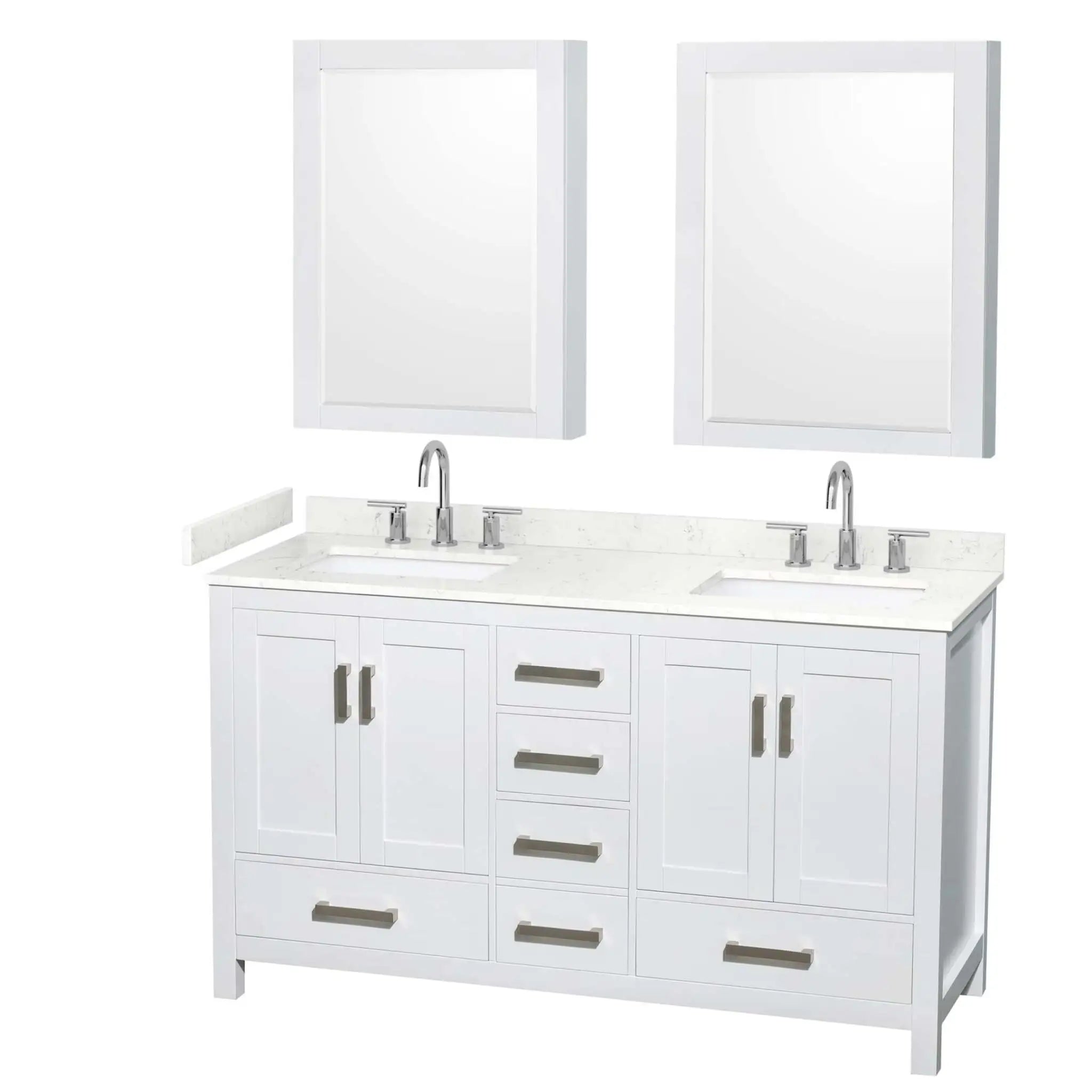 60" Sheffield Double Bathroom Vanity in White with Brushed Chrome Trim & Medicine Cabinet by Wyndham