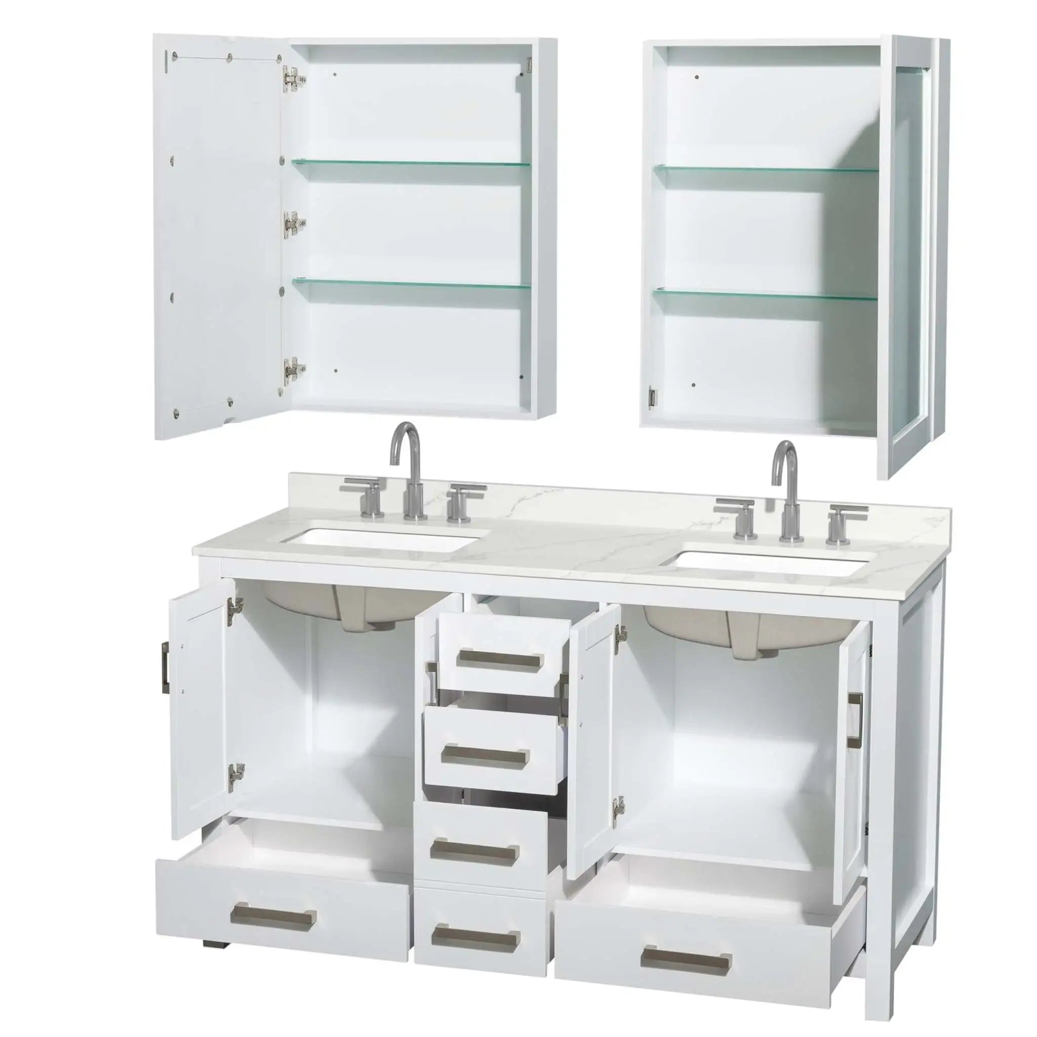 60" Sheffield Double Bathroom Vanity in White with Brushed Chrome Trim & Medicine Cabinet by Wyndham