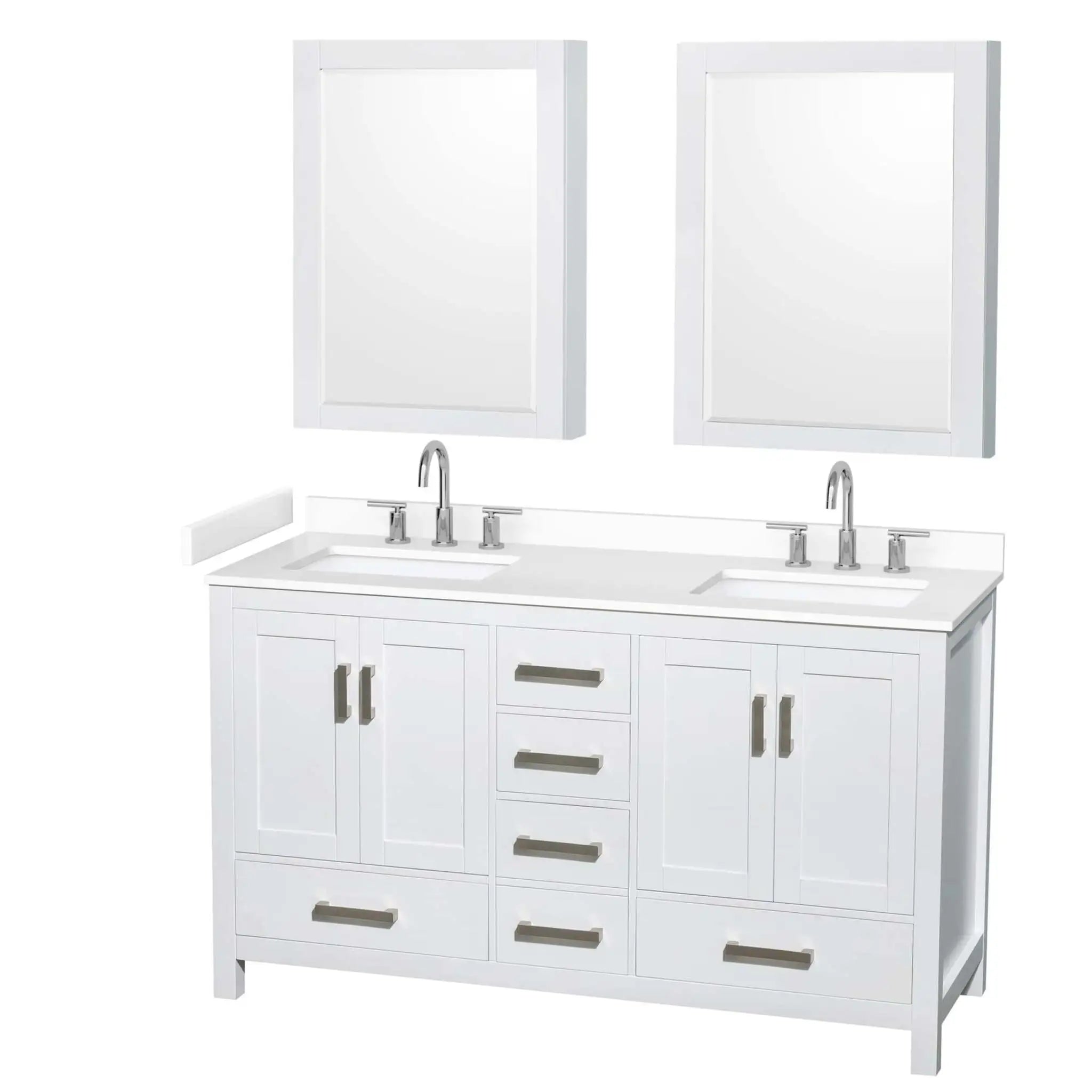 60" Sheffield Double Bathroom Vanity in White with Brushed Chrome Trim & Medicine Cabinet by Wyndham