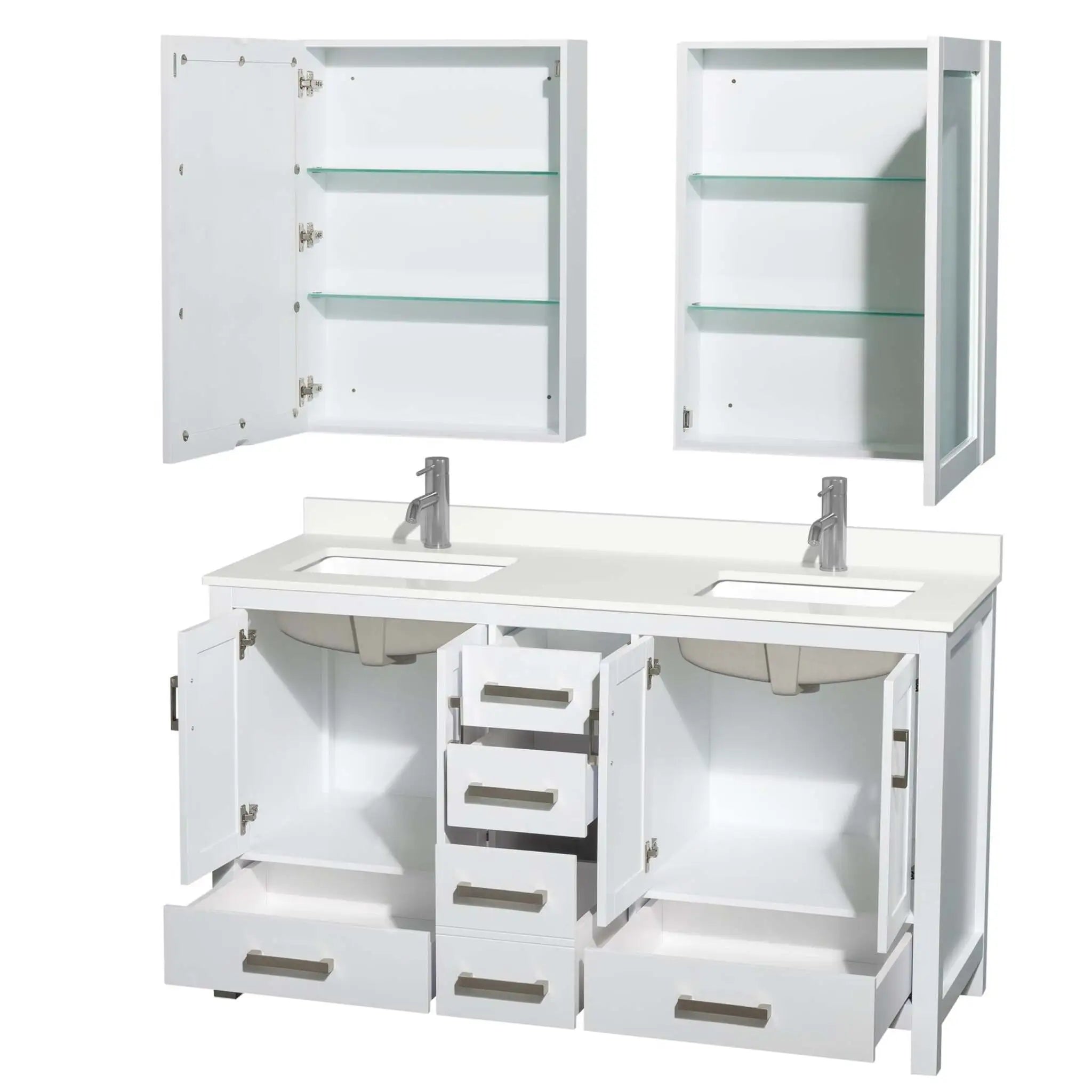 60" Sheffield Double Bathroom Vanity in White with Brushed Chrome Trim & Medicine Cabinet by Wyndham