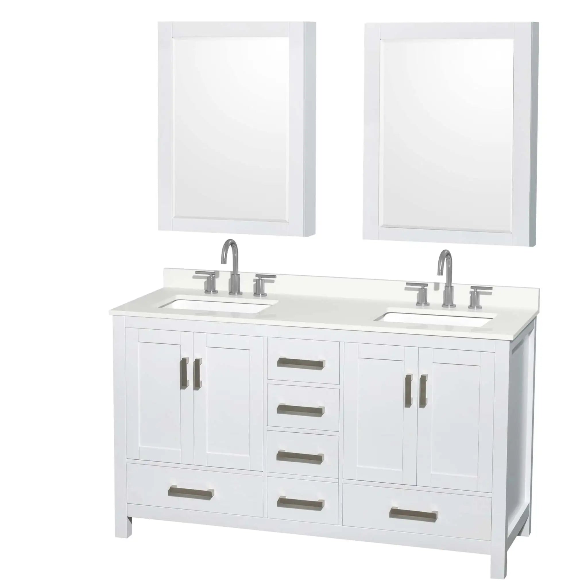 60" Sheffield Double Bathroom Vanity in White with Brushed Chrome Trim & Medicine Cabinet by Wyndham
