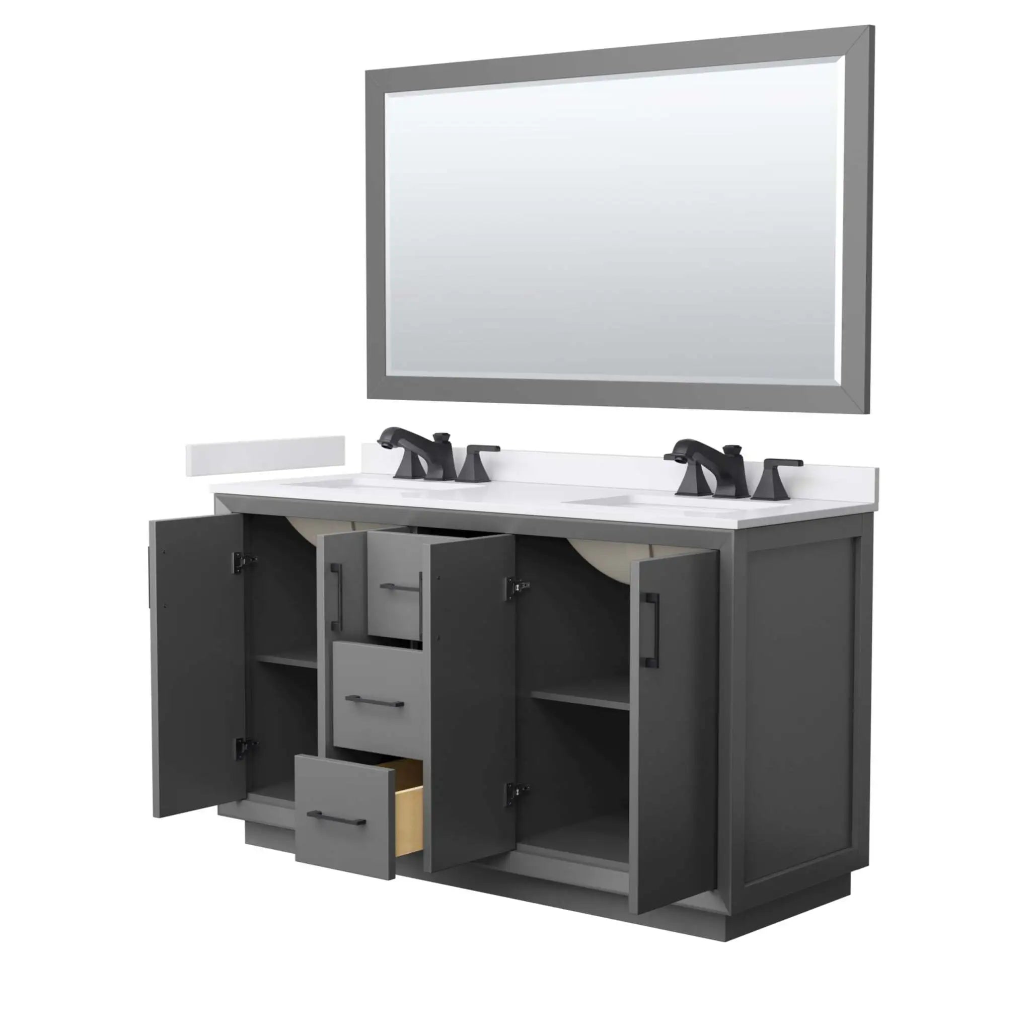 60" Strada Double Bathroom Vanity in Dark Gray with Matte Black Trim & 58" Mirror by Wyndham
