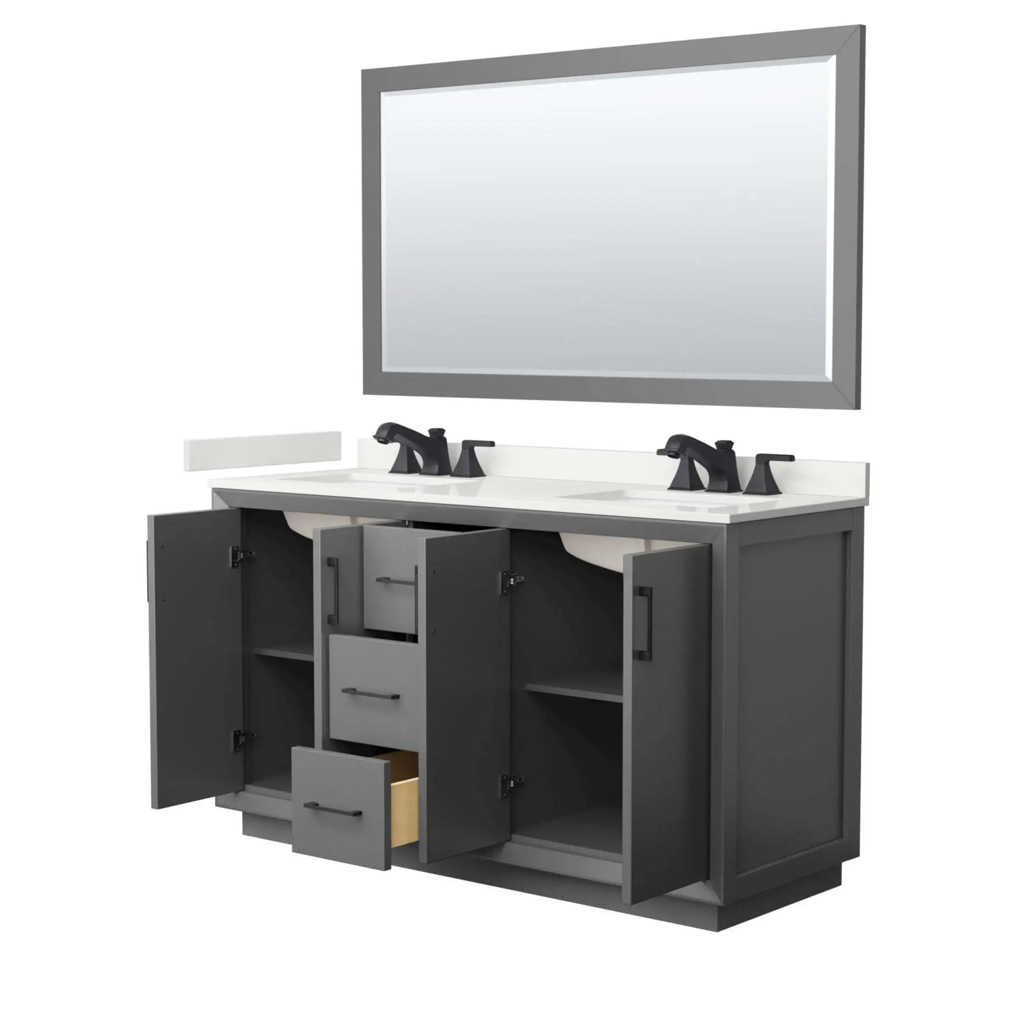 60" Strada Double Bathroom Vanity in Dark Gray with Matte Black Trim & 58" Mirror by Wyndham