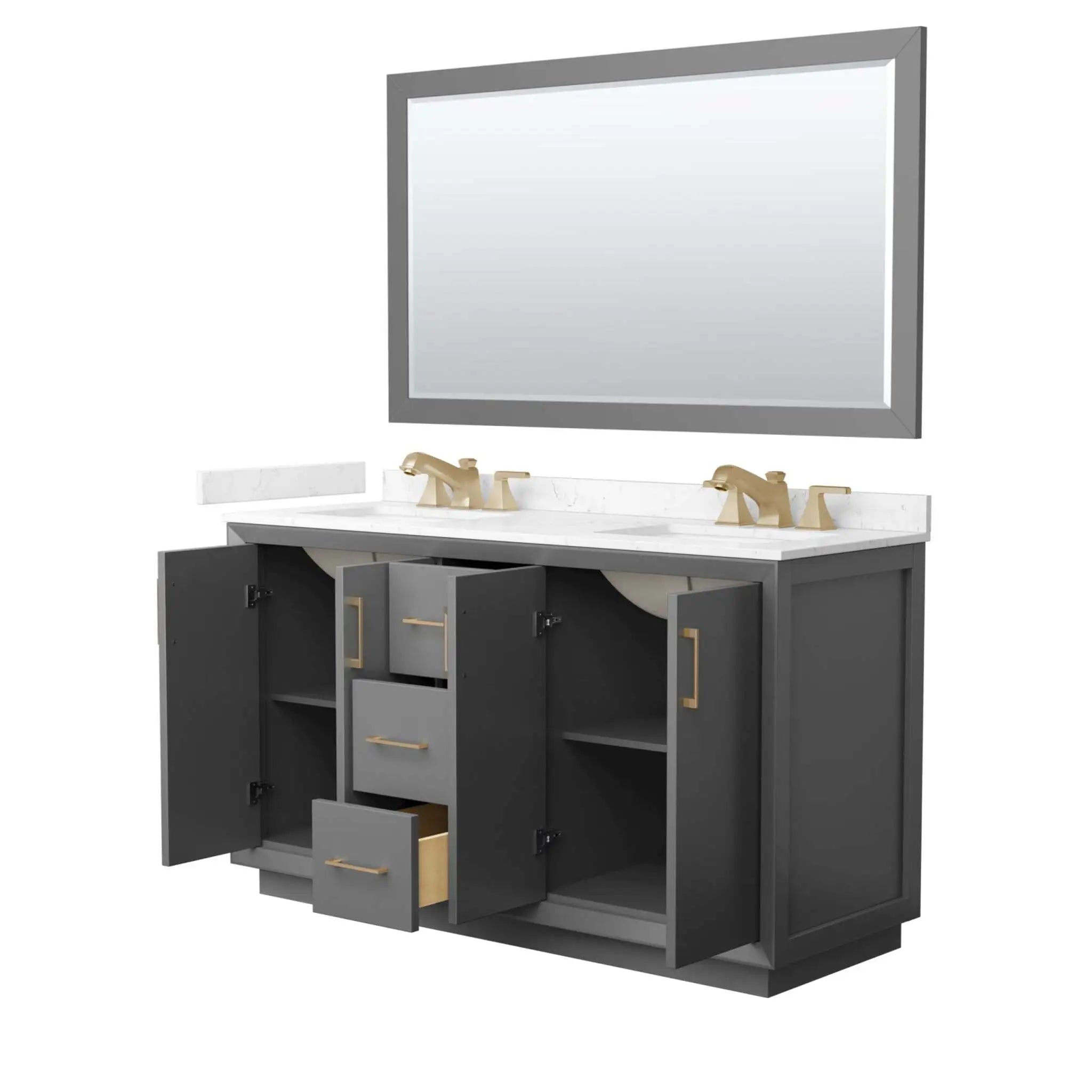 60" Strada Double Bathroom Vanity in Dark Gray with Satin Bronze Trim & 58" Mirror by Wyndham