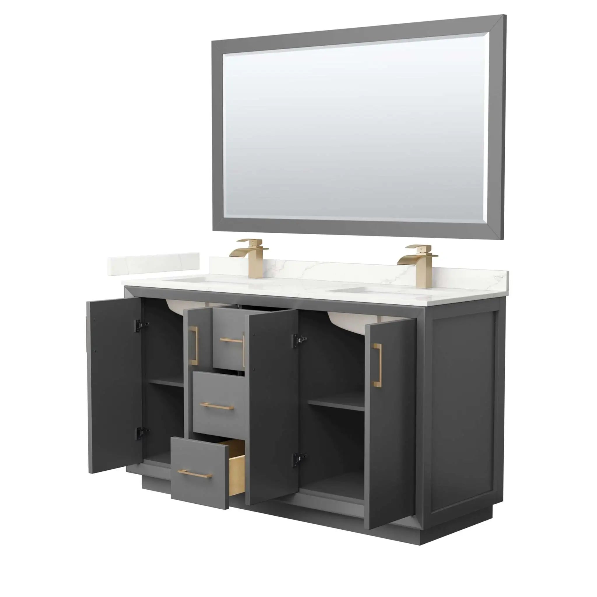 60" Strada Double Bathroom Vanity in Dark Gray with Satin Bronze Trim & 58" Mirror by Wyndham