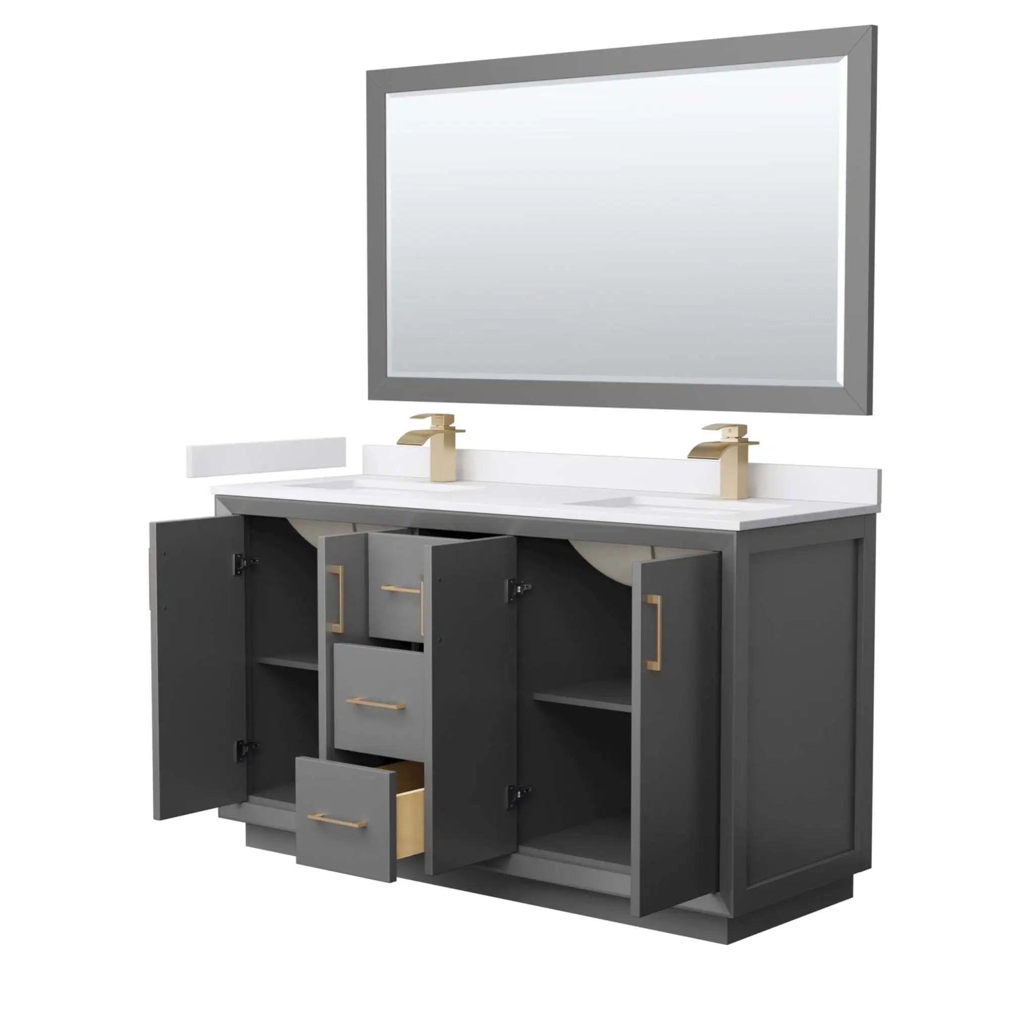 60" Strada Double Bathroom Vanity in Dark Gray with Satin Bronze Trim & 58" Mirror by Wyndham