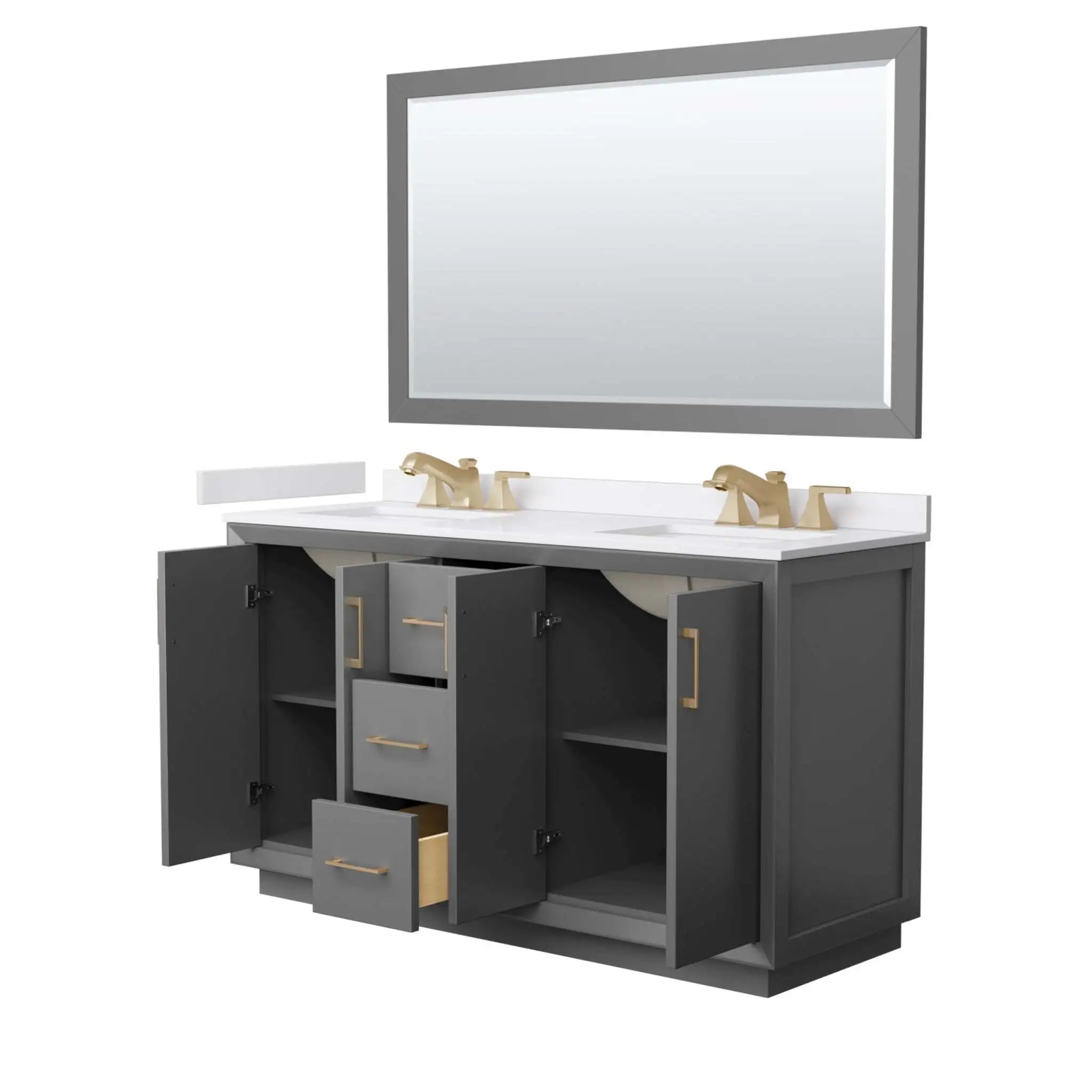 60" Strada Double Bathroom Vanity in Dark Gray with Satin Bronze Trim & 58" Mirror by Wyndham