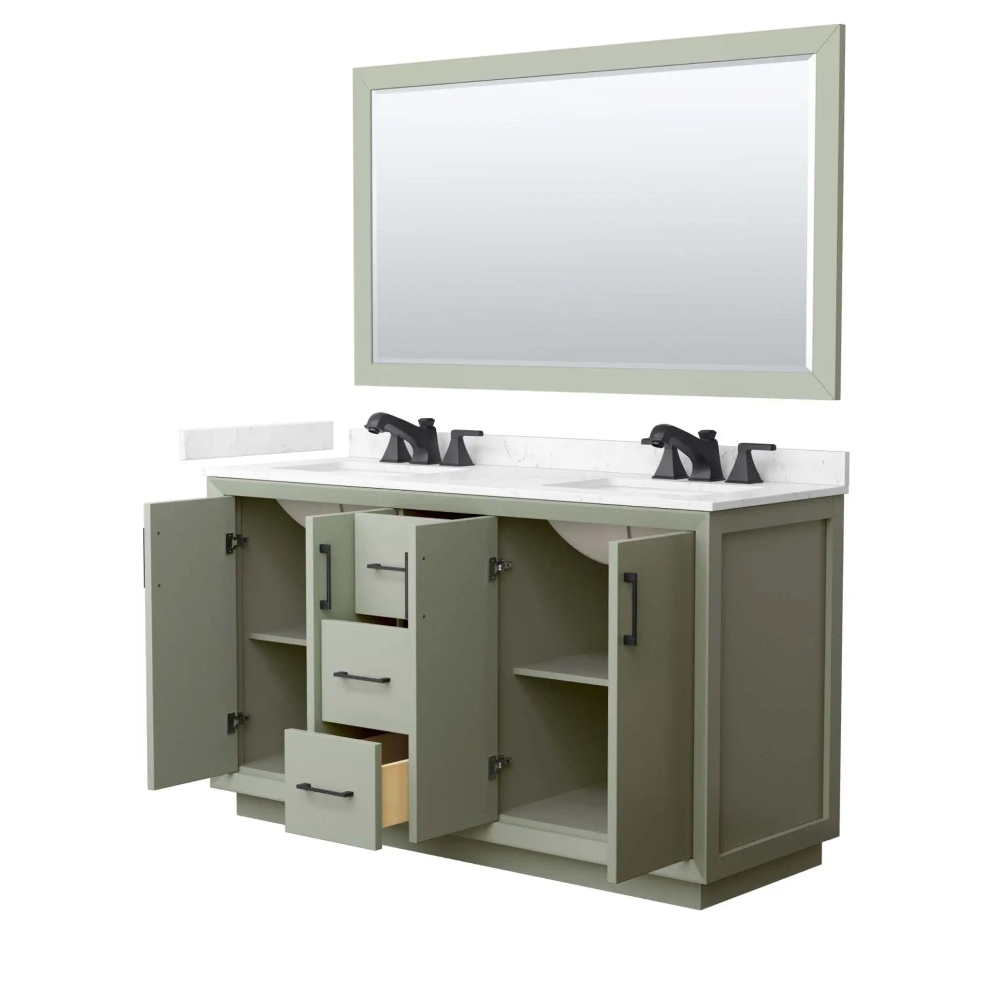 60" Strada Double Bathroom Vanity in Light Green with Matte Black Trim & 58" Mirror by Wyndham