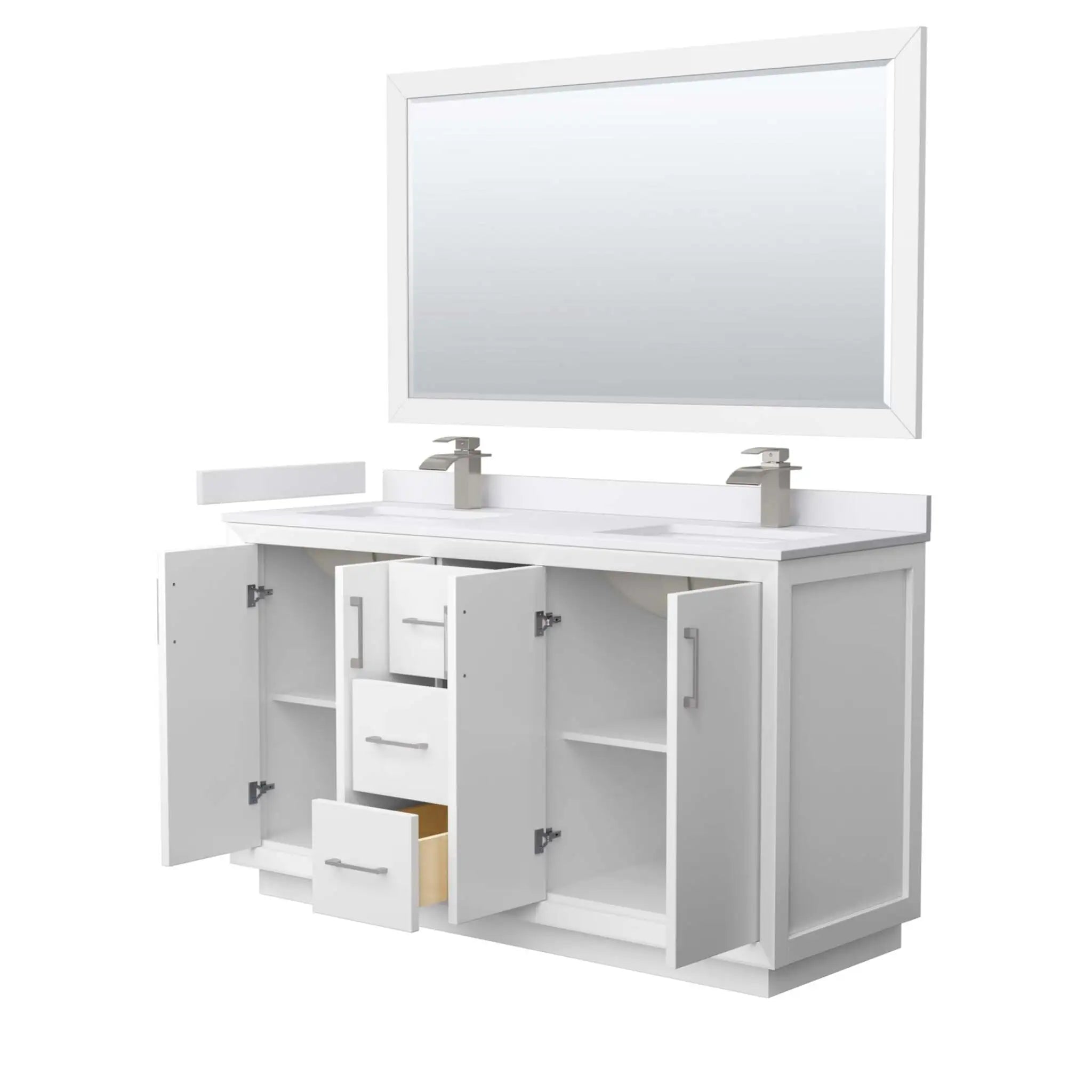 60" Strada Double Bathroom Vanity in White with Brushed Nickel Trim & 58" Mirror by Wyndham