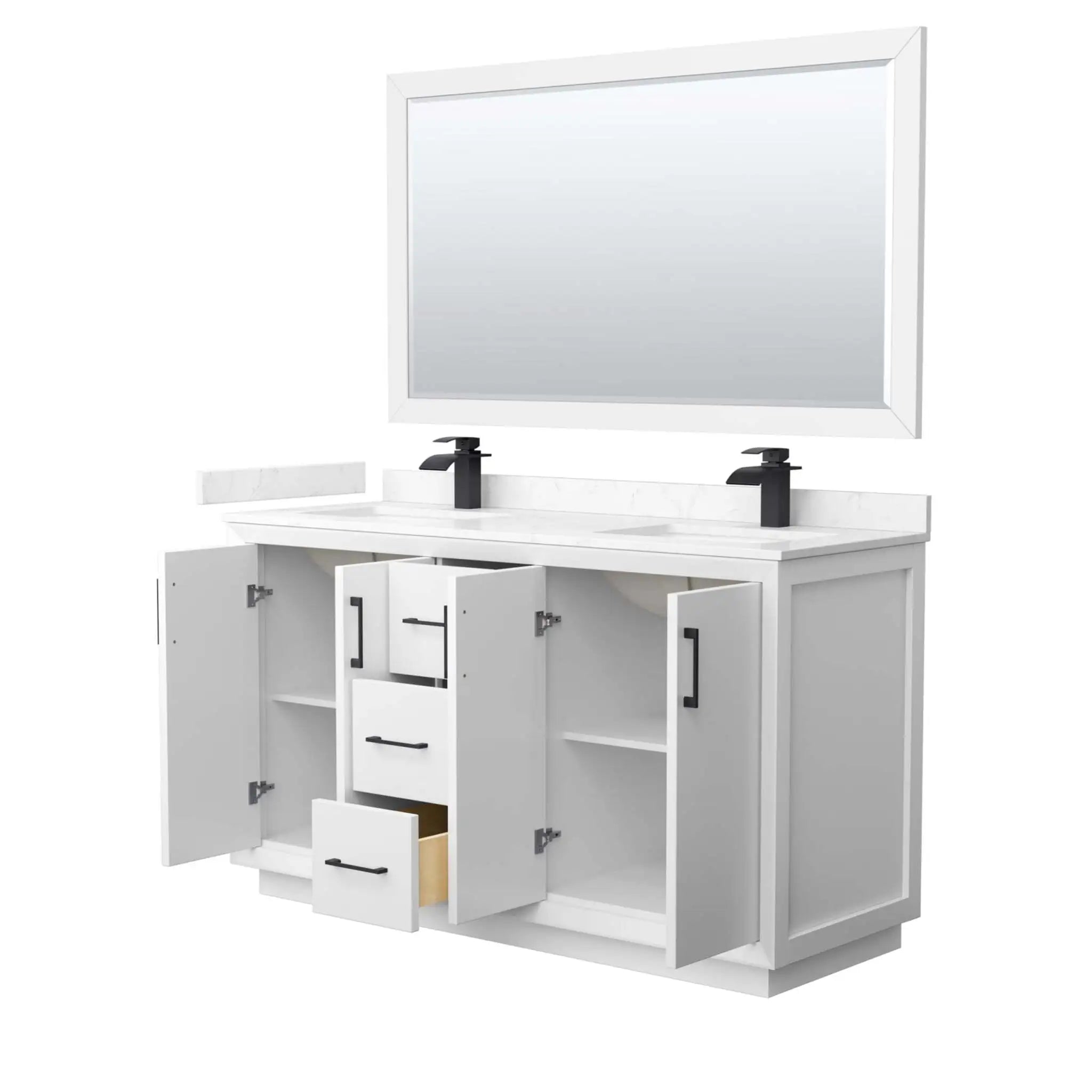 60" Strada Double Bathroom Vanity in White with Matte Black Trim & 58" Mirror by Wyndham