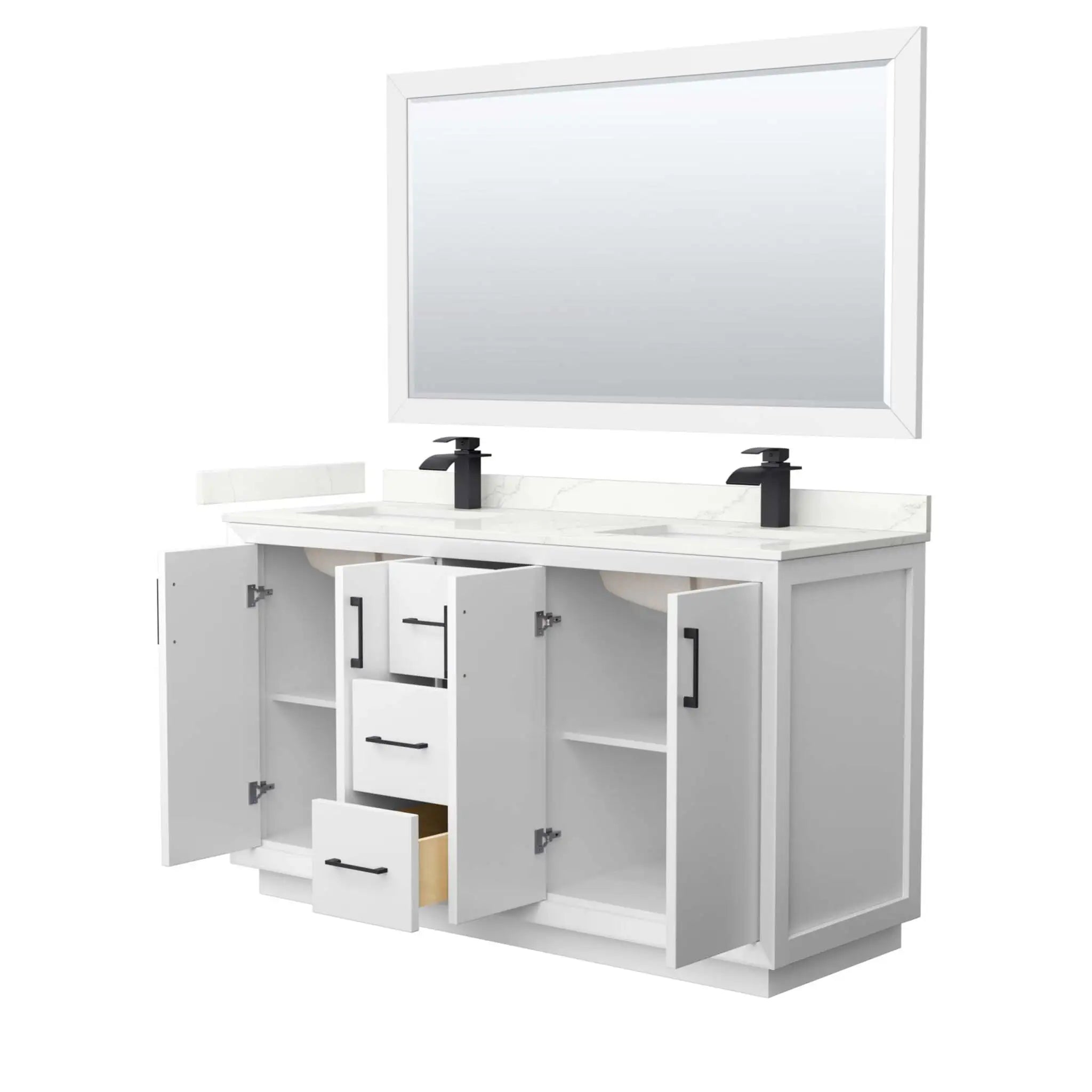 60" Strada Double Bathroom Vanity in White with Matte Black Trim & 58" Mirror by Wyndham