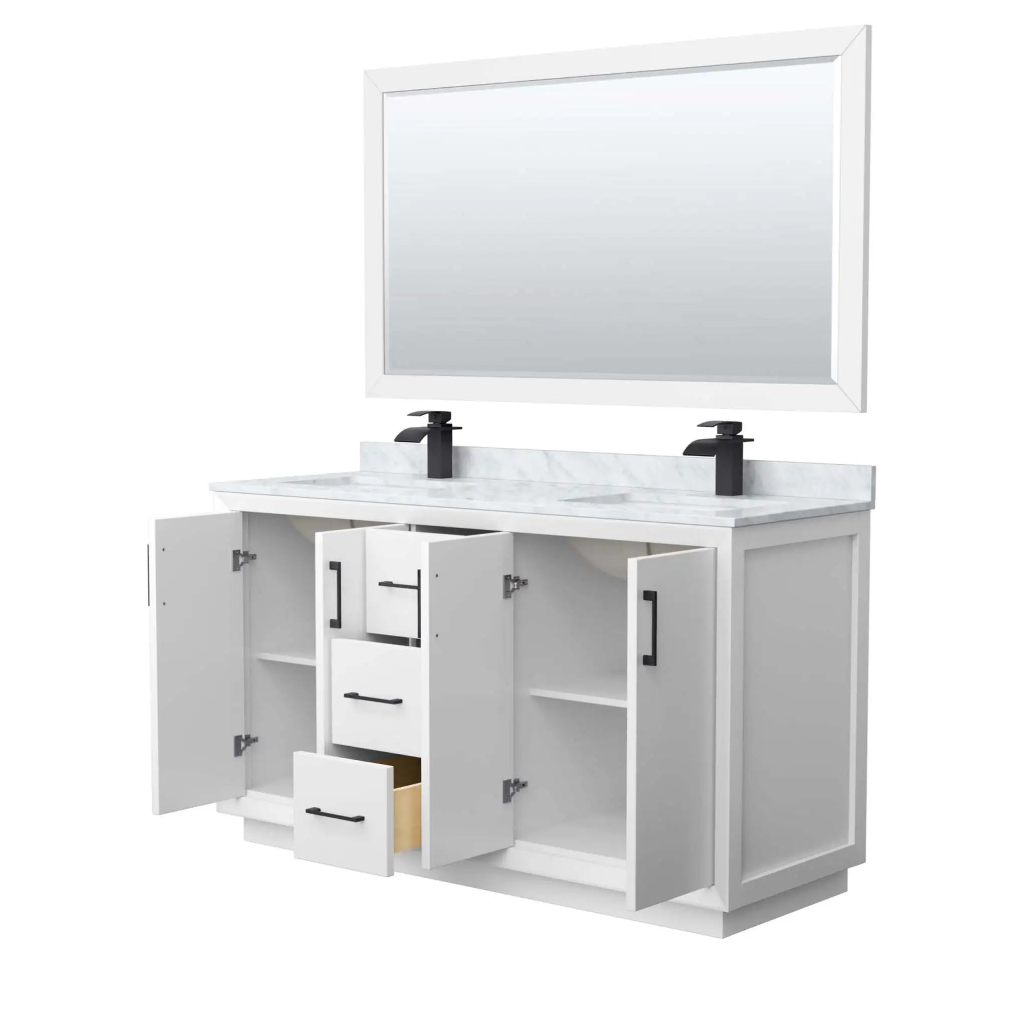 60" Strada Double Bathroom Vanity in White with Matte Black Trim & 58" Mirror by Wyndham