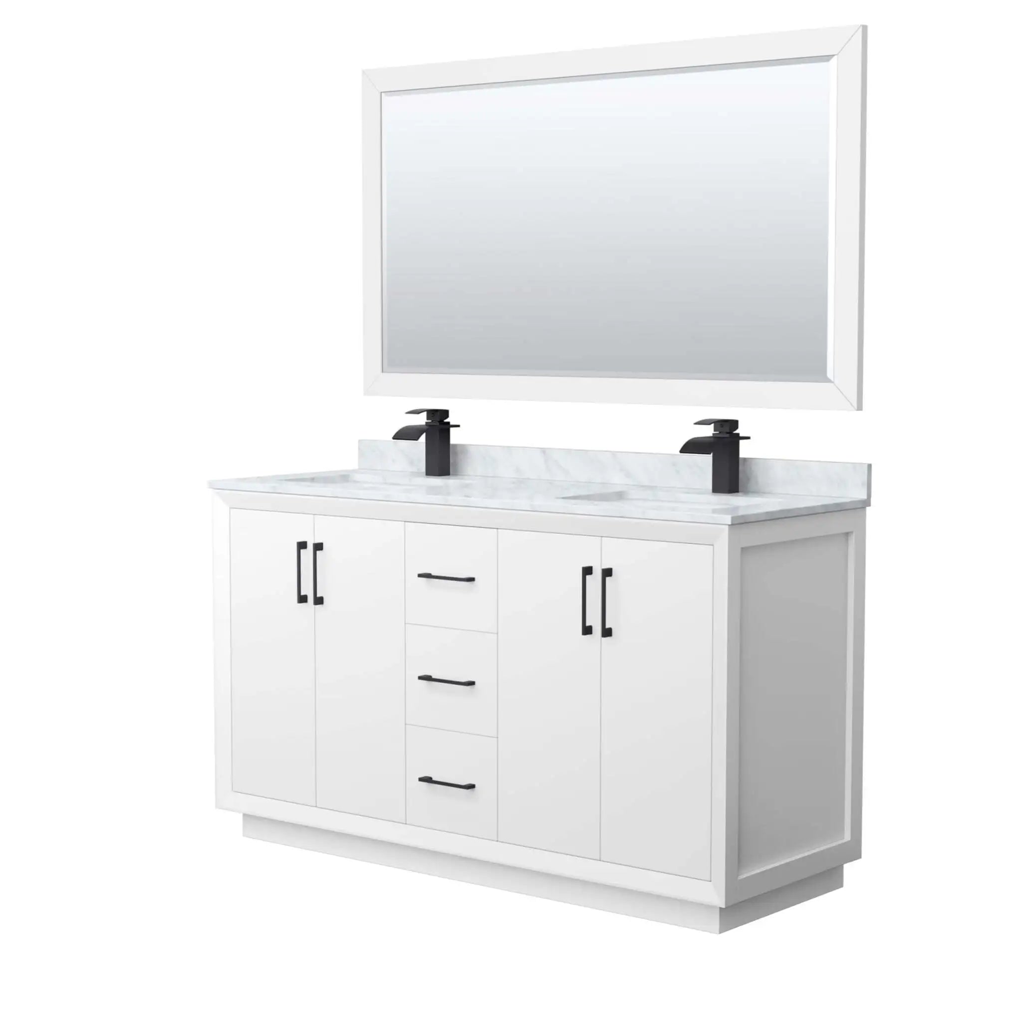 60" Strada Double Bathroom Vanity in White with Matte Black Trim & 58" Mirror by Wyndham
