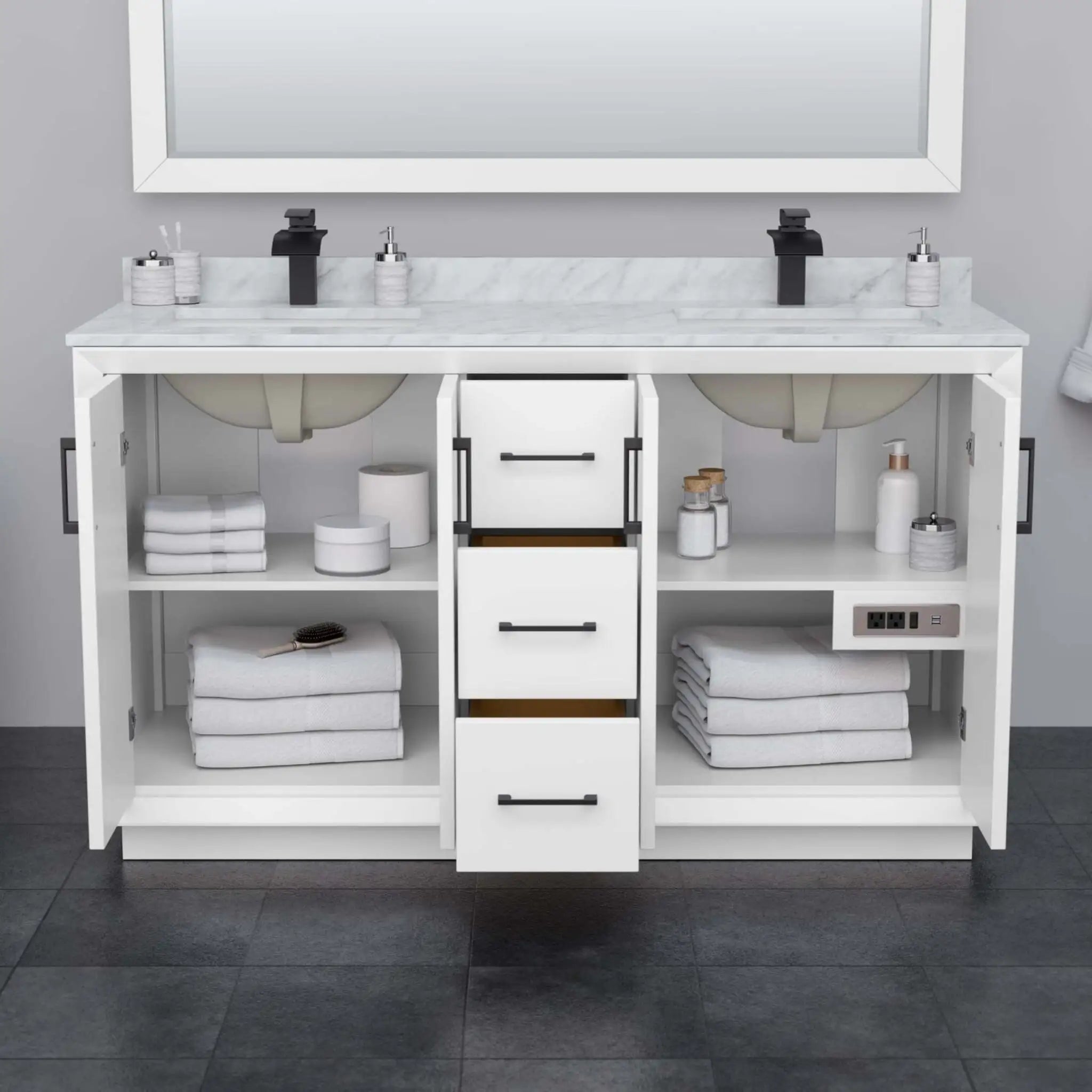 60" Strada Double Bathroom Vanity in White with Matte Black Trim & 58" Mirror by Wyndham