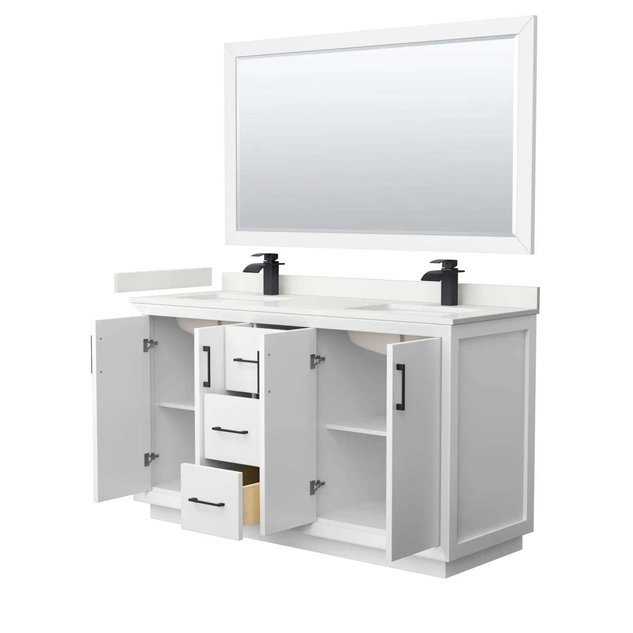 60" Strada Double Bathroom Vanity in White with Matte Black Trim & 58" Mirror by Wyndham