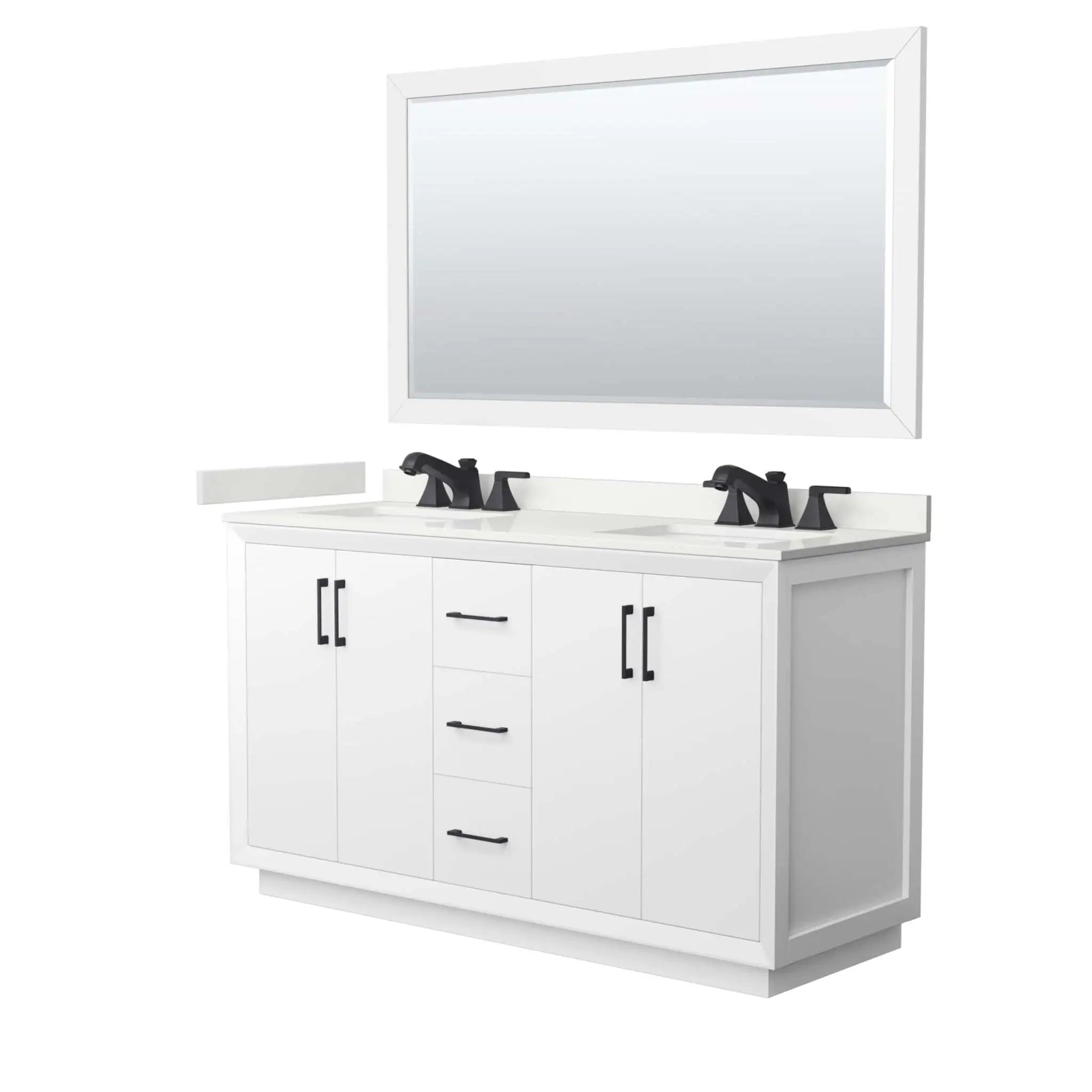 60" Strada Double Bathroom Vanity in White with Matte Black Trim & 58" Mirror by Wyndham