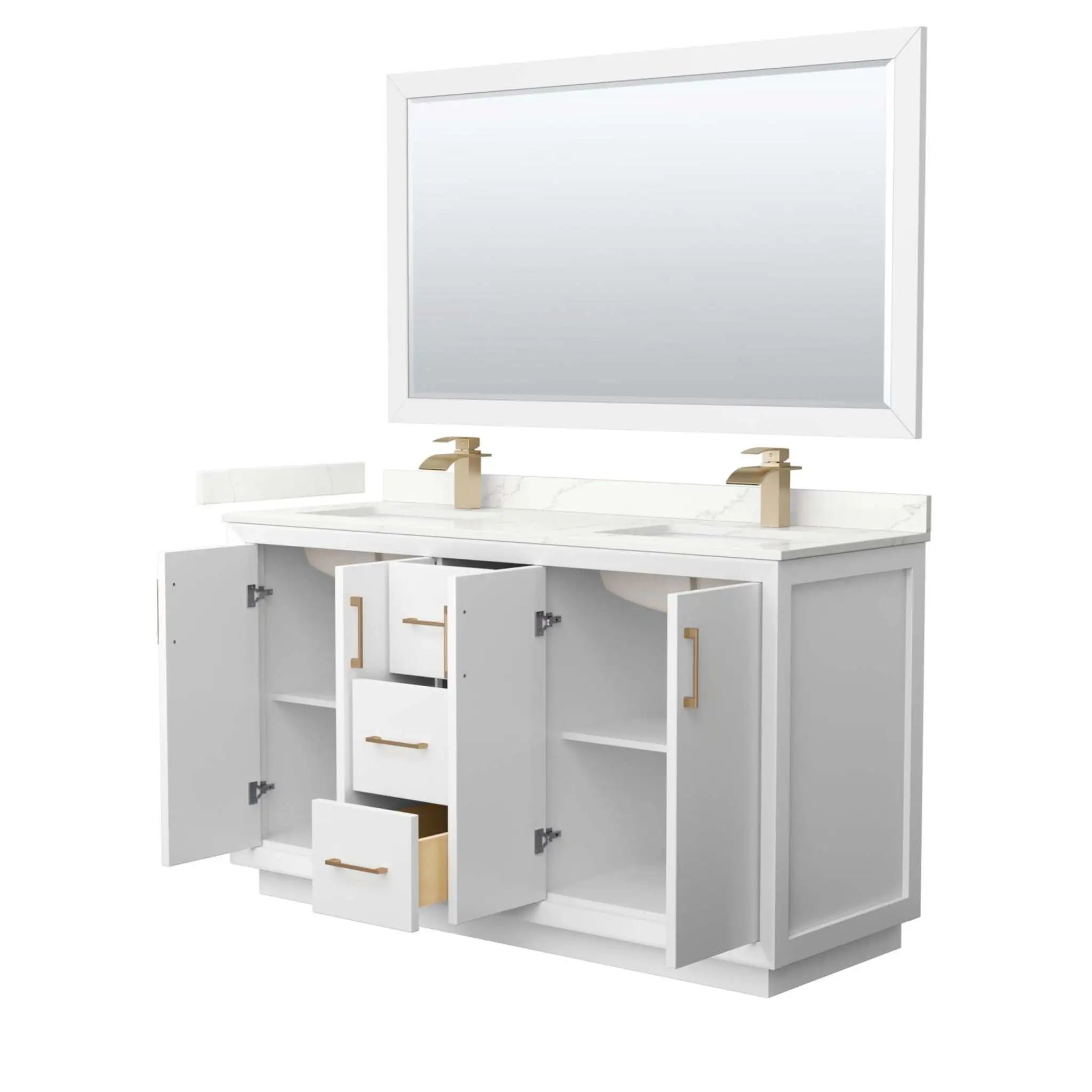 60" Strada Double Bathroom Vanity in White with Satin Bronze Trim & 58" Mirror by Wyndham