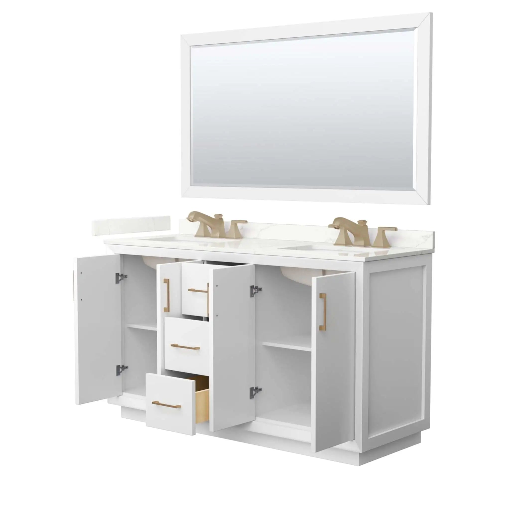 60" Strada Double Bathroom Vanity in White with Satin Bronze Trim & 58" Mirror by Wyndham