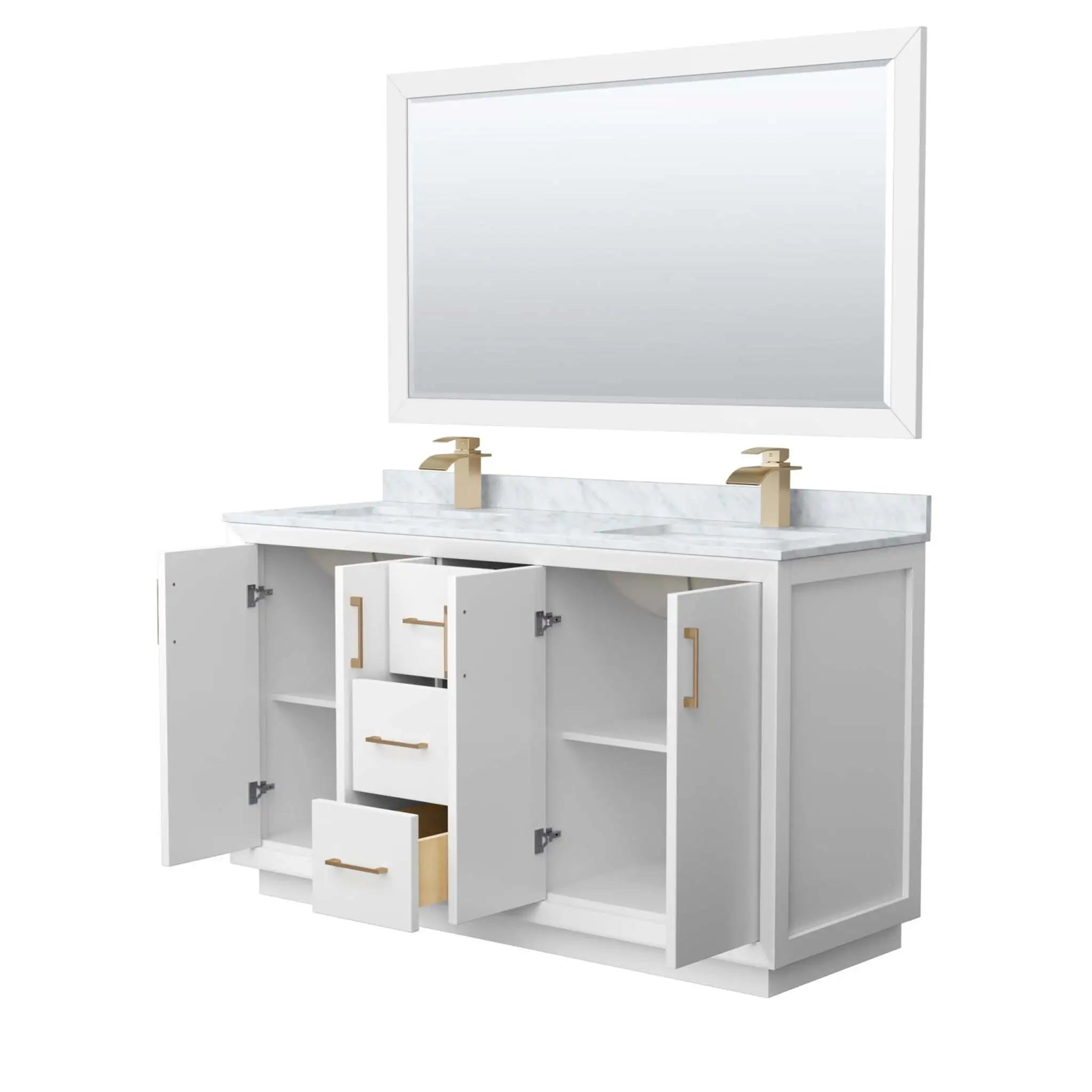 60" Strada Double Bathroom Vanity in White with Satin Bronze Trim & 58" Mirror by Wyndham