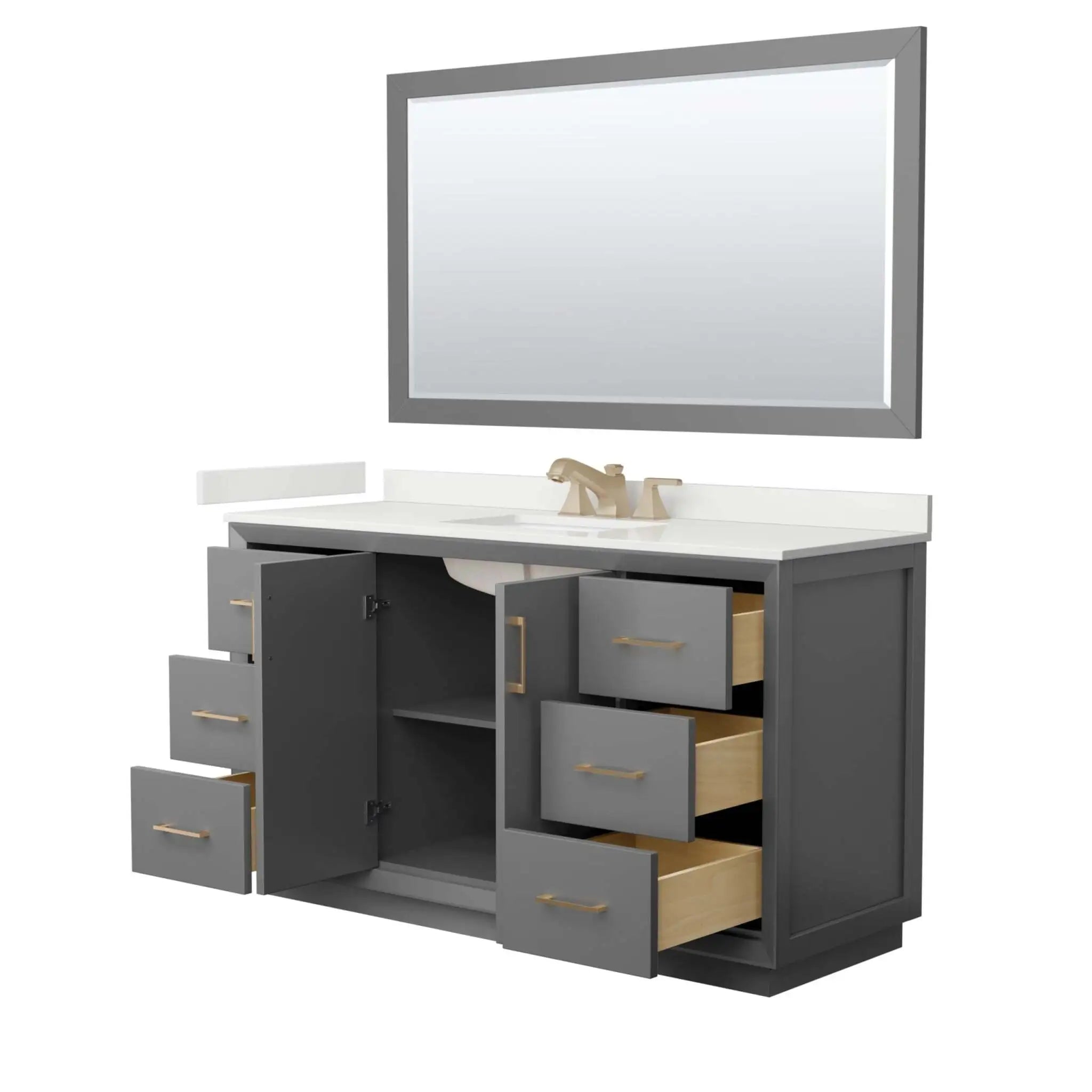 60" Strada Single Bathroom Vanity in Dark Gray with Satin Bronze Trim & 58" Mirror by Wyndham