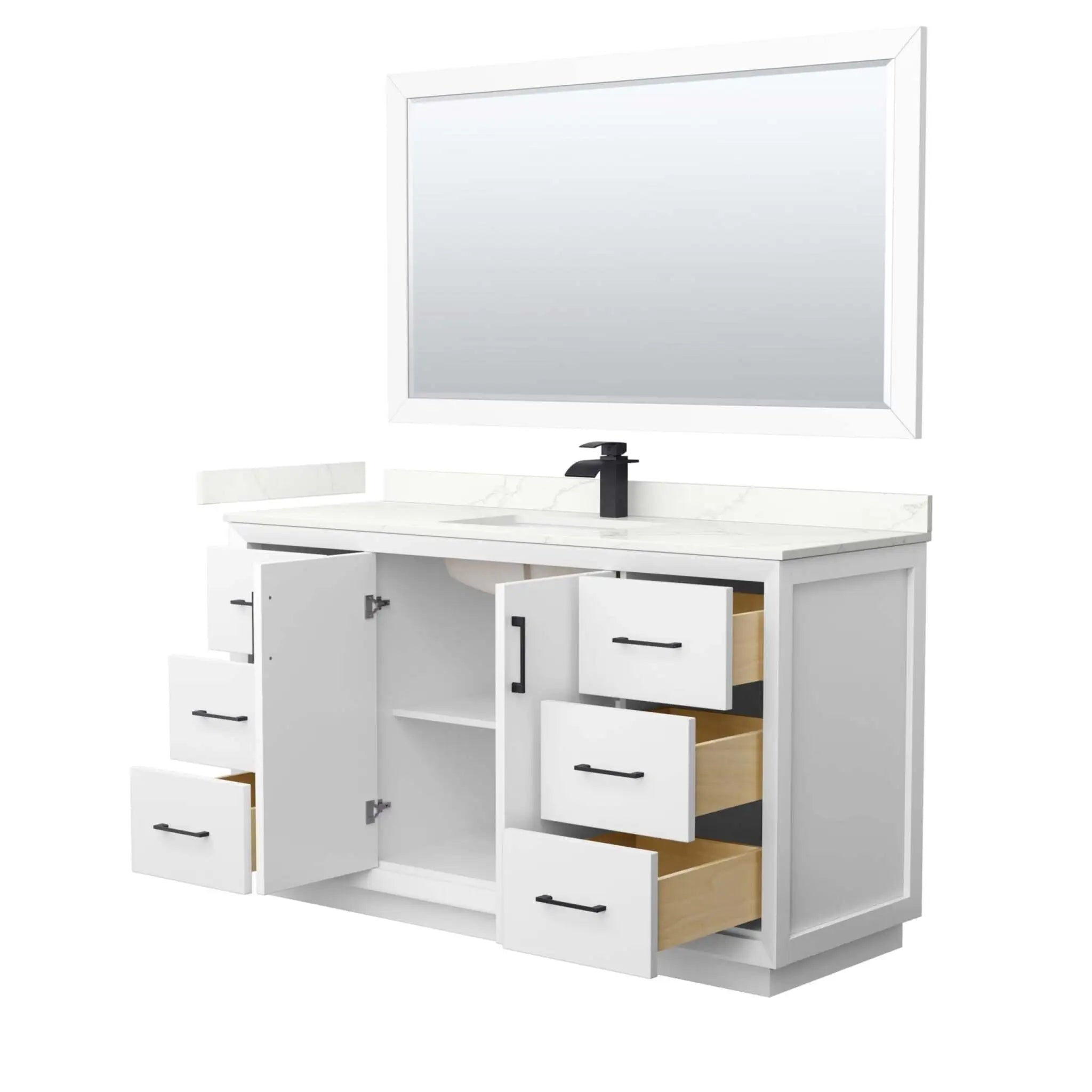 60" Strada Single Bathroom Vanity in White with Matte Black Trim & 58" Mirror by Wyndham