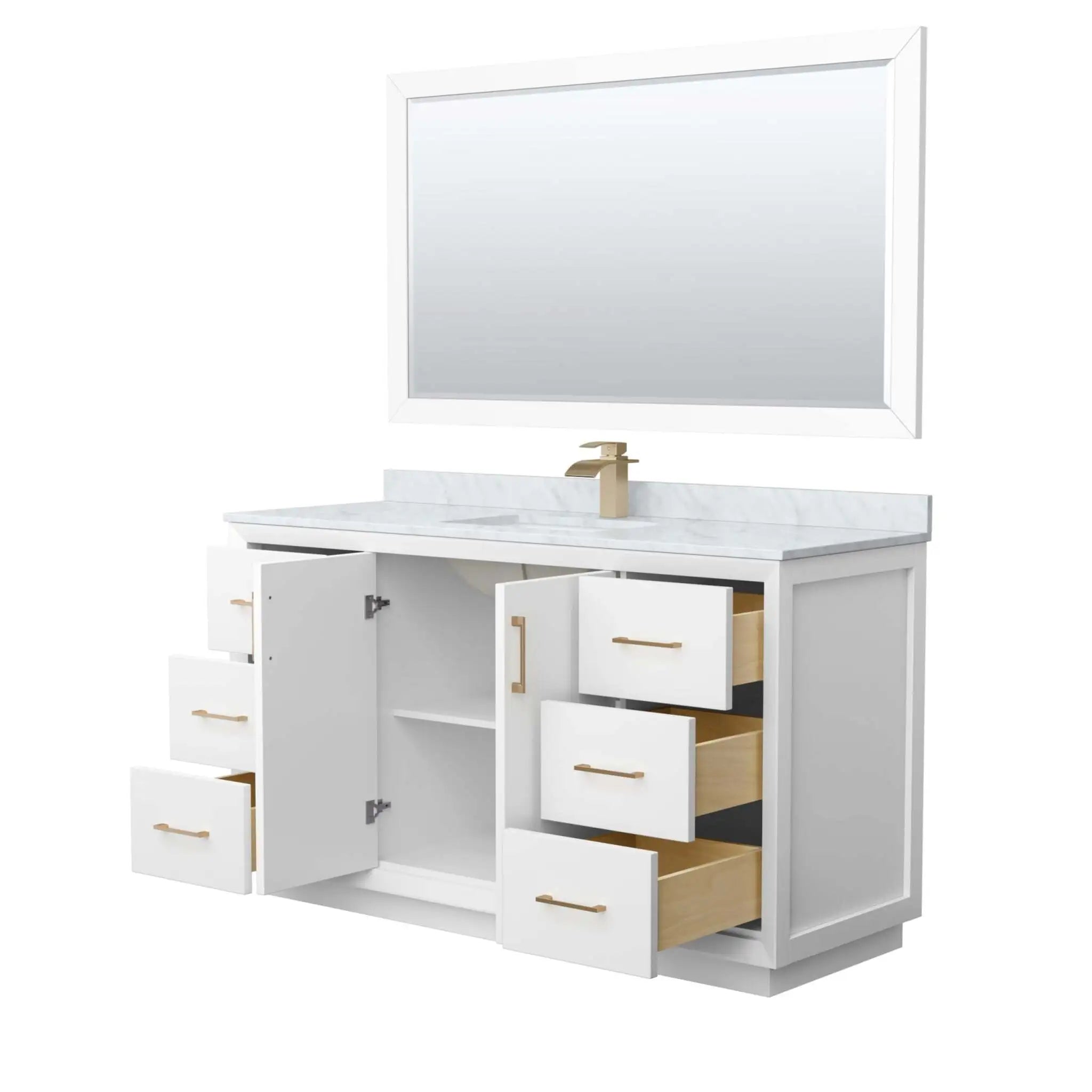 60" Strada Single Bathroom Vanity in White with Satin Bronze Trim & 58" Mirror by Wyndham