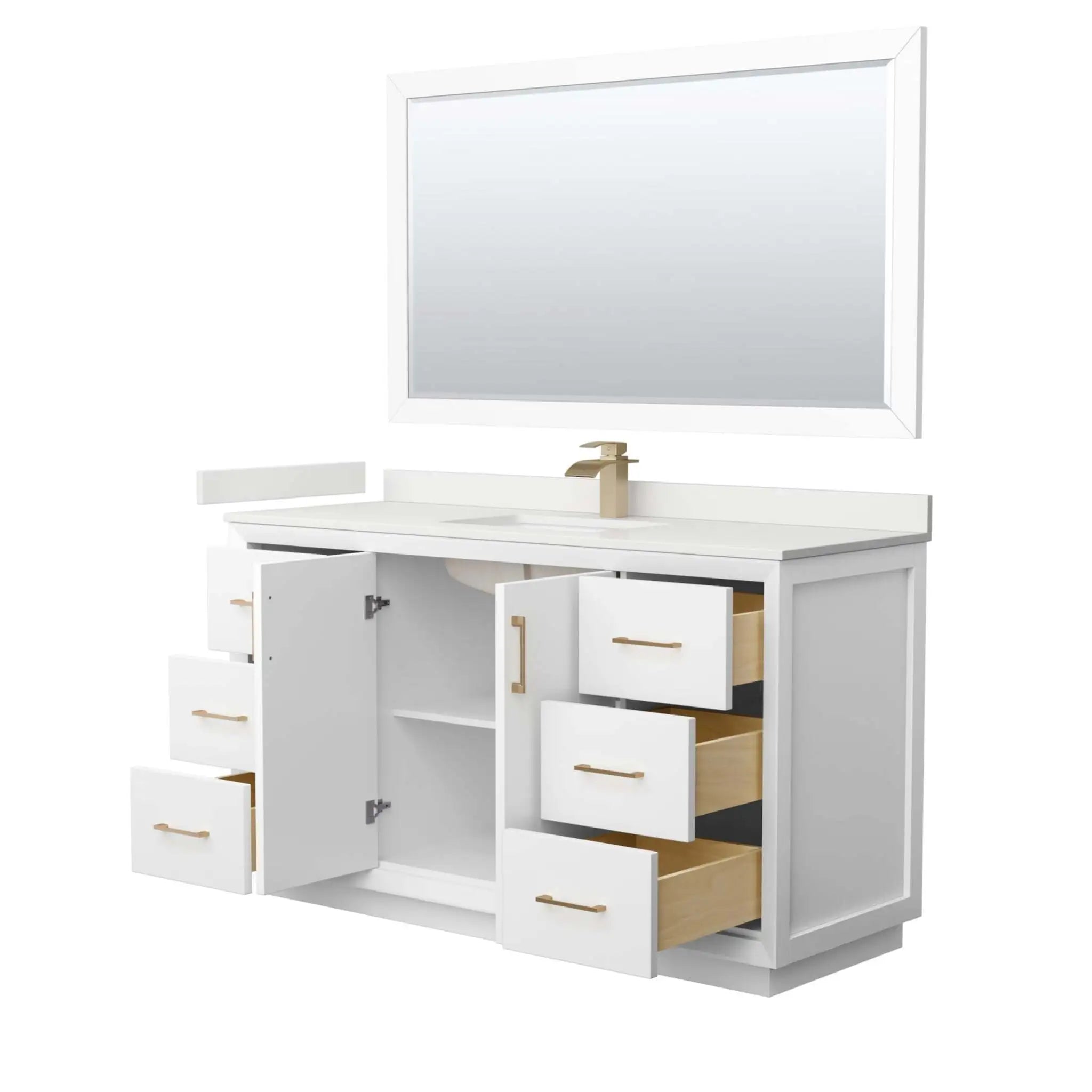 60" Strada Single Bathroom Vanity in White with Satin Bronze Trim & 58" Mirror by Wyndham