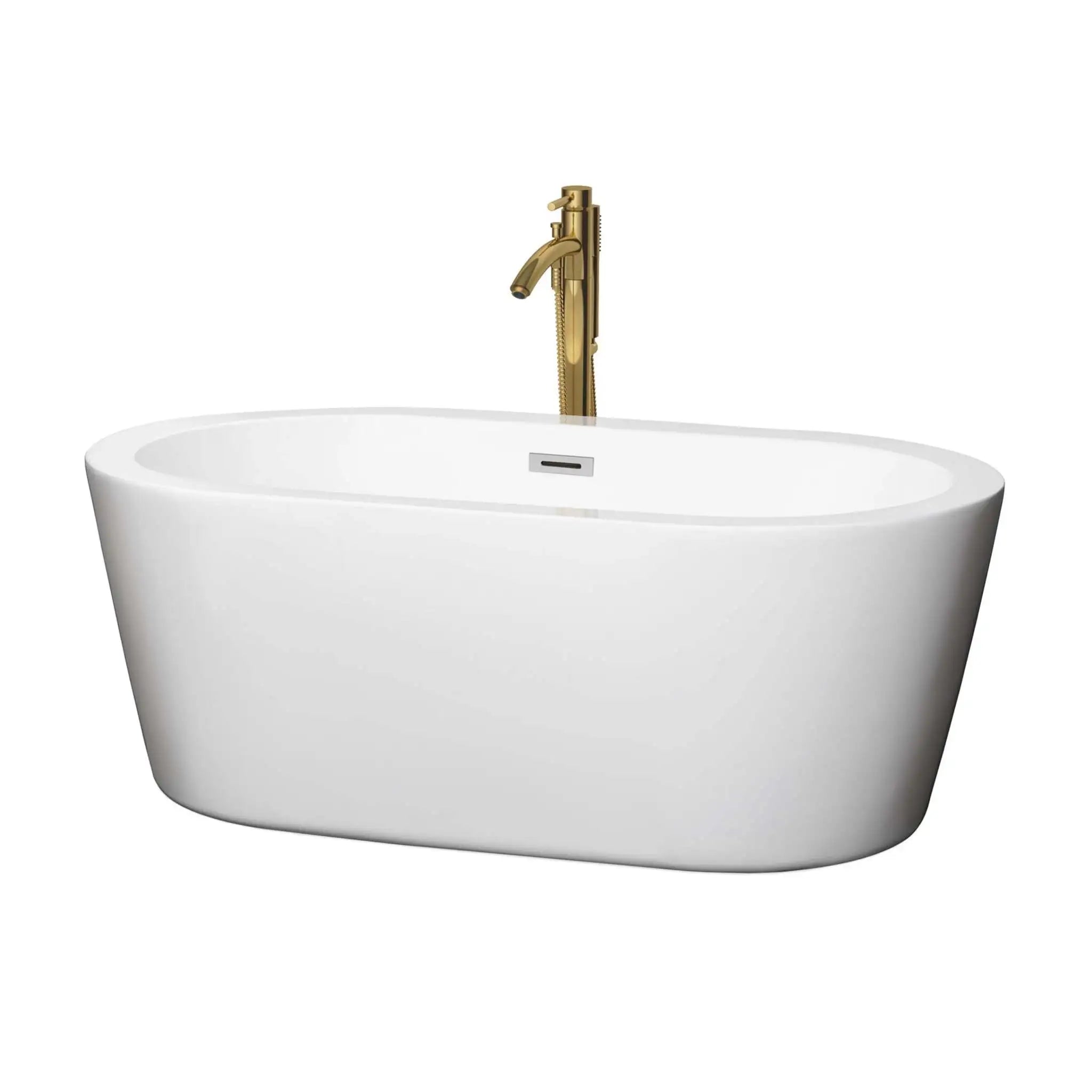 60" White Freestanding Bathtub with Brushed Gold Faucet - Mermaid by Wyndham (WCOBT100360PCATPGD) image