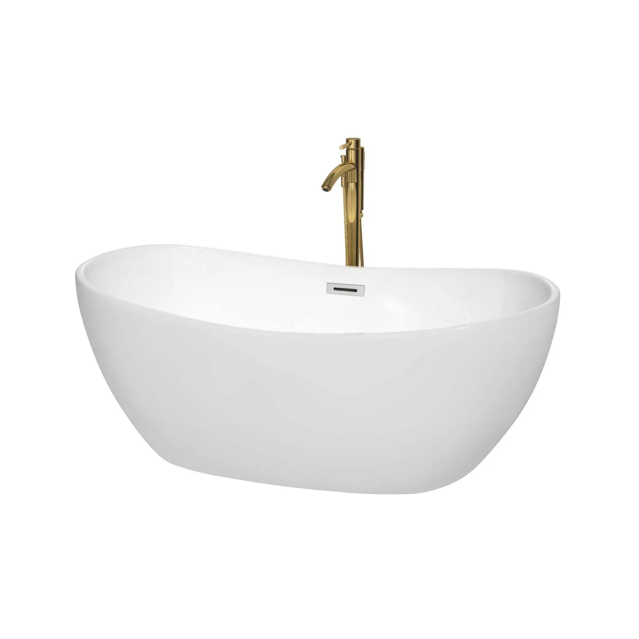 60" White Freestanding Bathtub with Brushed Gold Faucet - Rebecca by Wyndham (WCOBT101460PCATPGD) image
